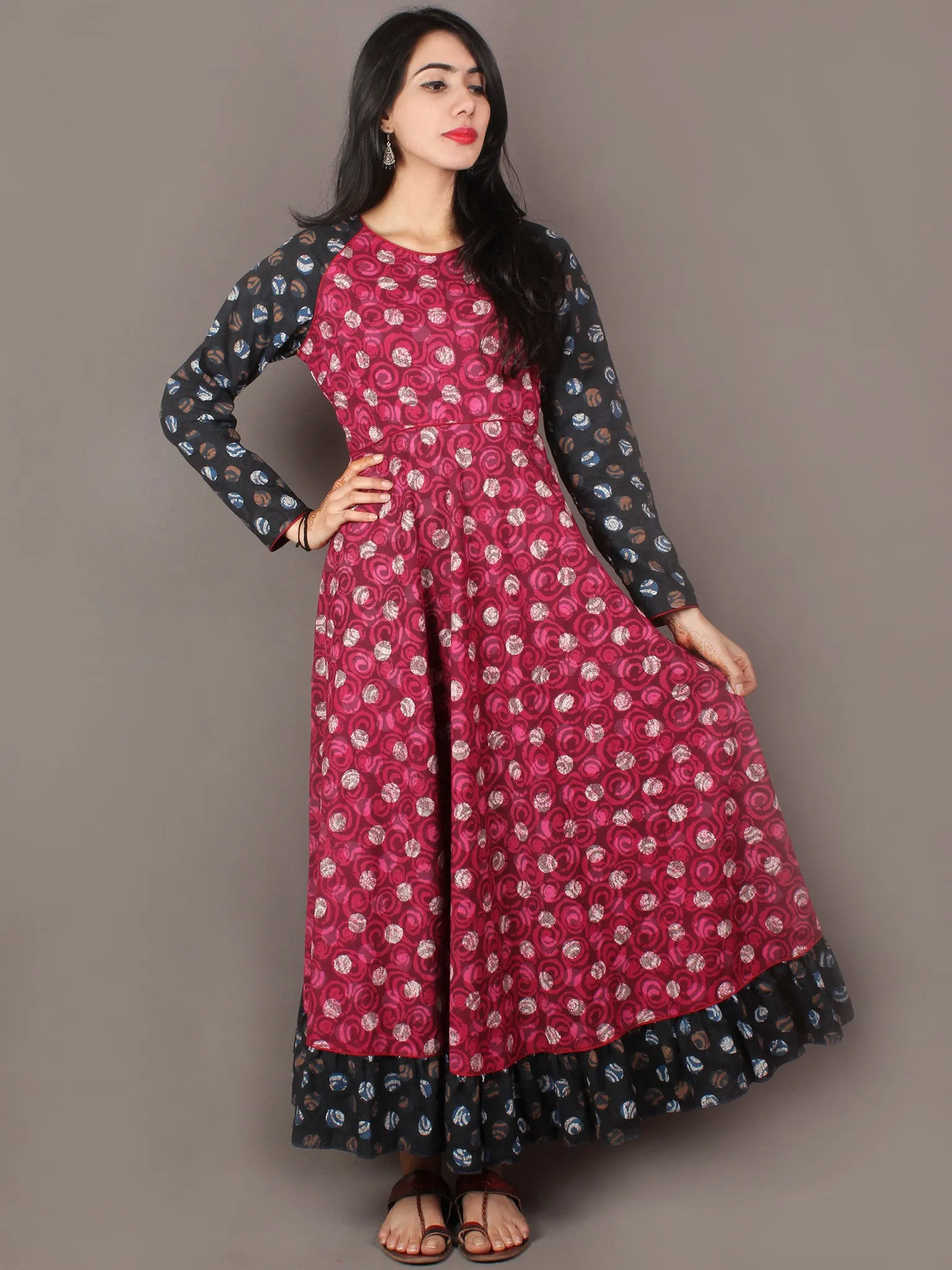 Pink Black Multi Color Indigo Beige Ivory Hand Block Printed Long Cotton Dress With Gather - D0641309