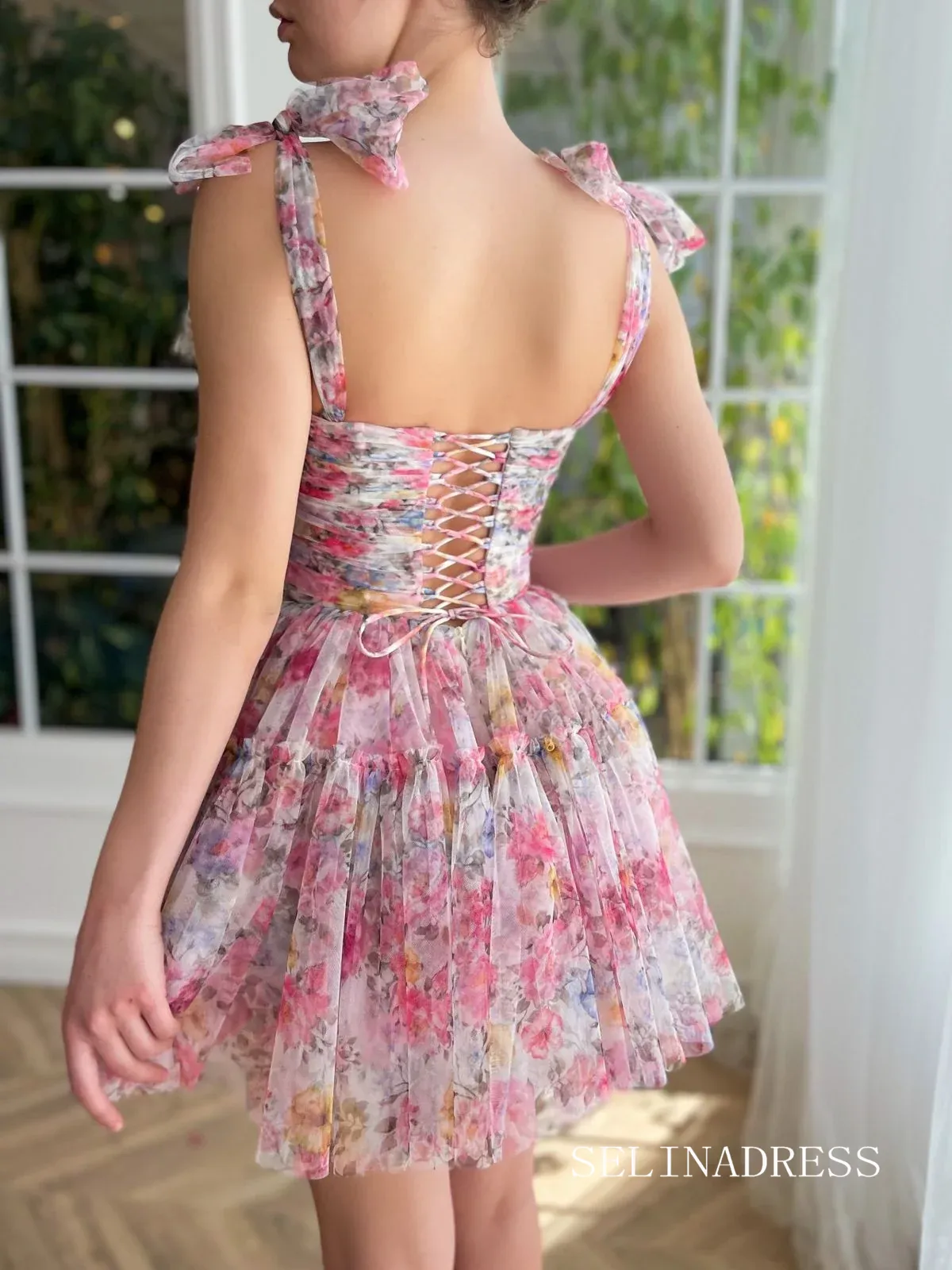 Pink Floral Homecoming Dress Straps Tulle Short Prom Dress EWR410