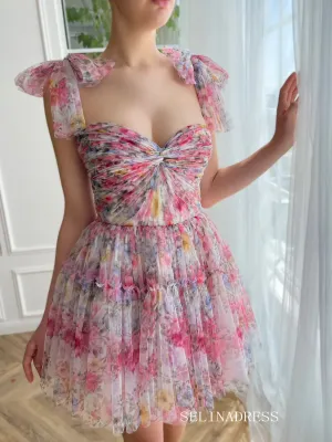 Pink Floral Homecoming Dress Straps Tulle Short Prom Dress EWR410