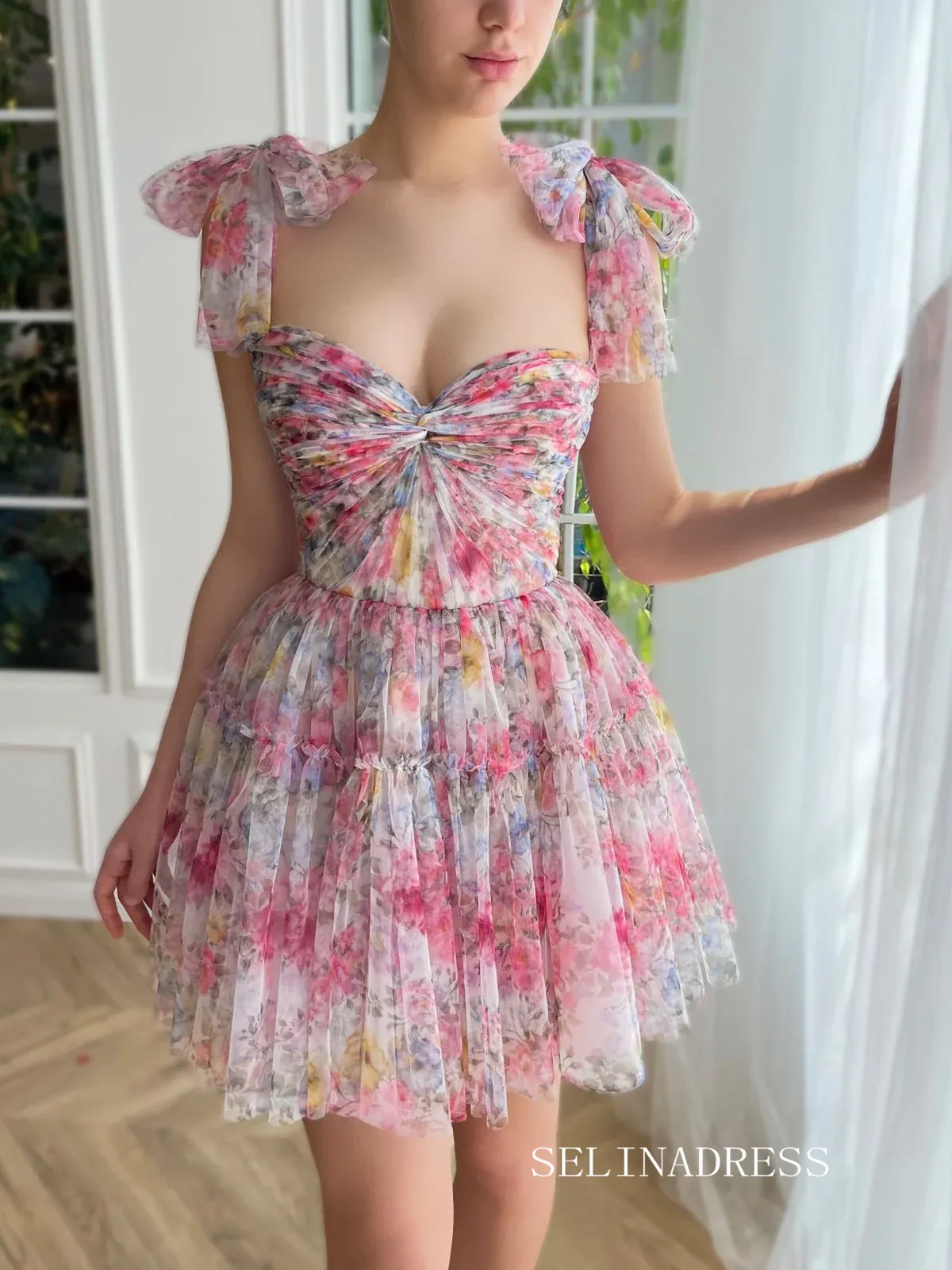 Pink Floral Homecoming Dress Straps Tulle Short Prom Dress EWR410