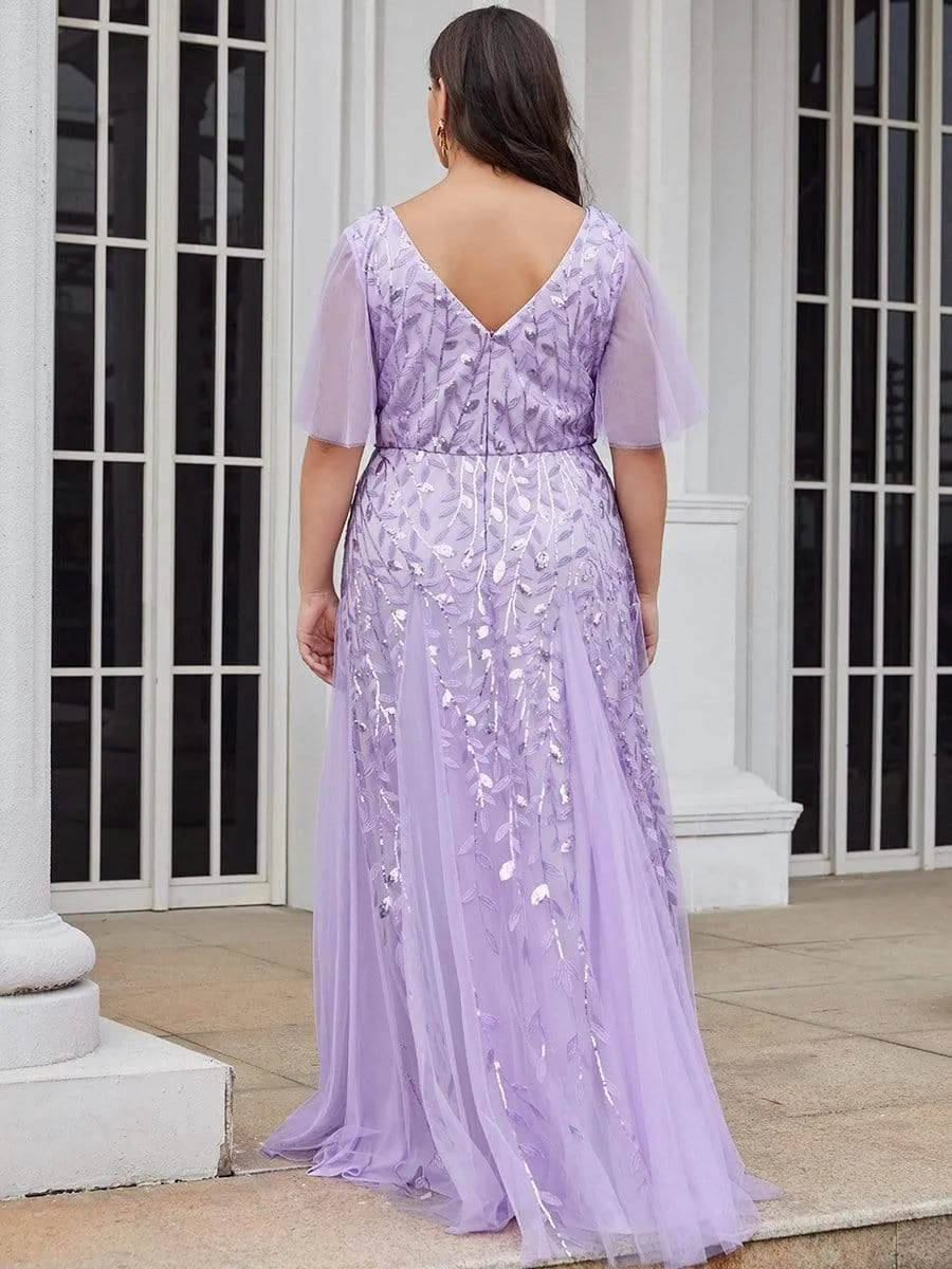 Plus Size Shimmery V Neck Evening Gowns with Ruffles Sleeves