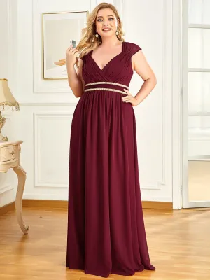 Plus Size V-Neck Sleeveless Beaded Belt Chiffon A-Line Evening Dress