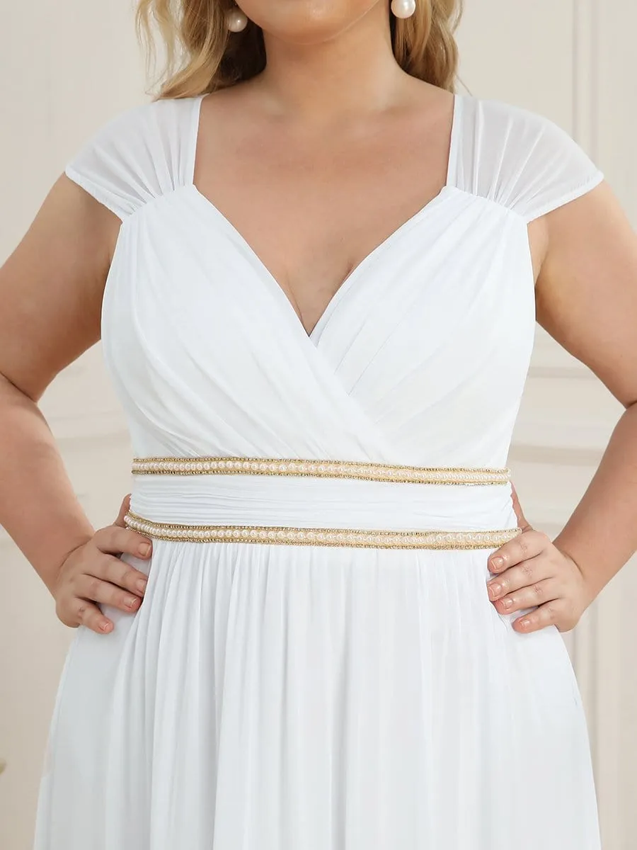 Plus Size V-Neck Sleeveless Beaded Belt Chiffon A-Line Evening Dress