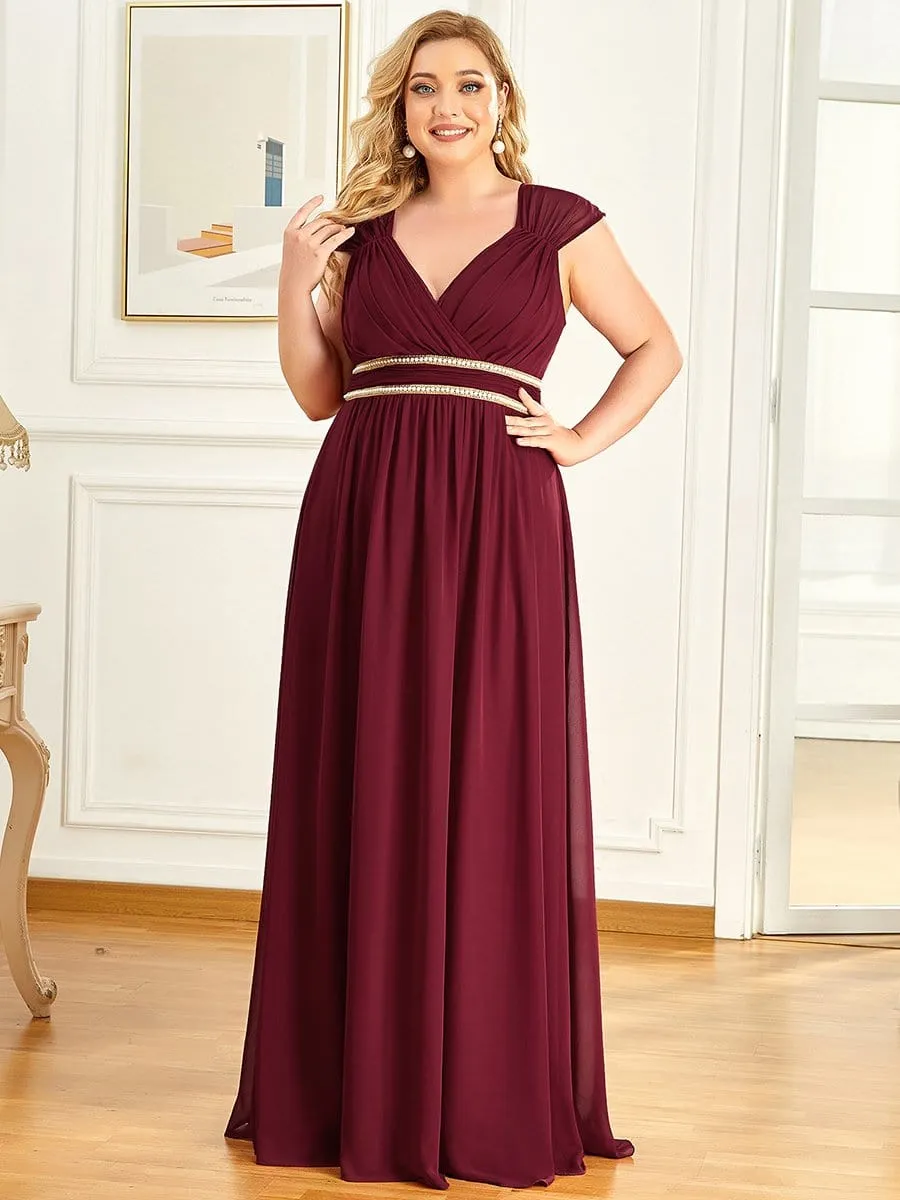 Plus Size V-Neck Sleeveless Beaded Belt Chiffon A-Line Evening Dress