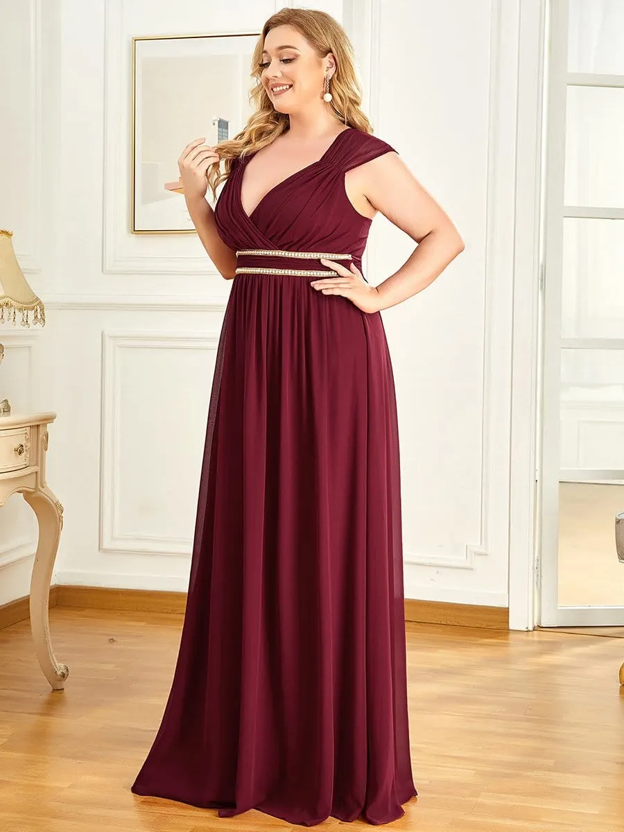 Plus Size V-Neck Sleeveless Beaded Belt Chiffon A-Line Evening Dress