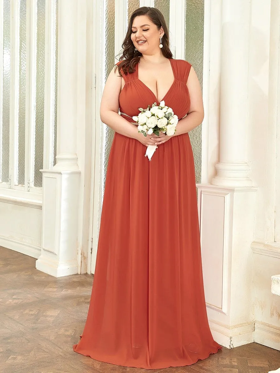 Plus Size V-Neck Sleeveless Beaded Belt Chiffon A-Line Evening Dress