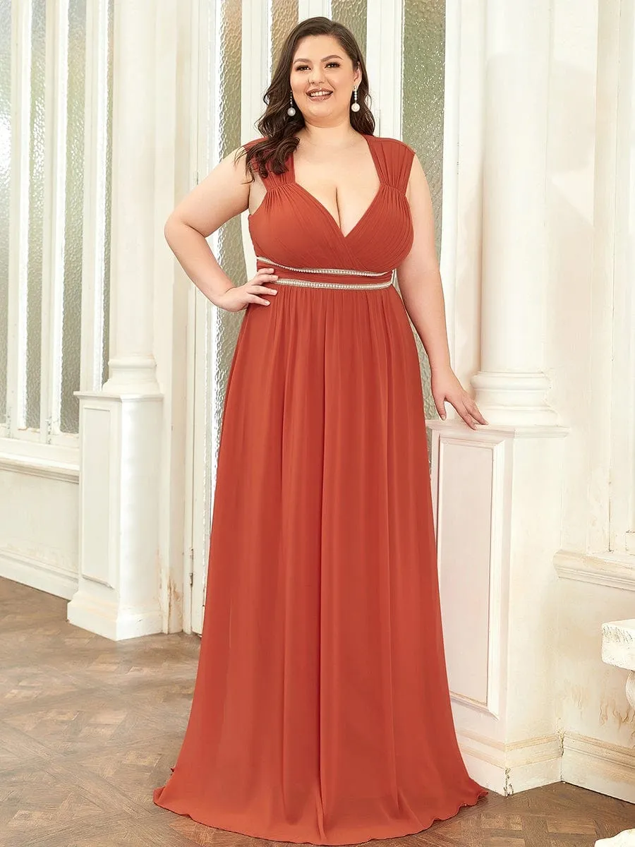 Plus Size V-Neck Sleeveless Beaded Belt Chiffon A-Line Evening Dress