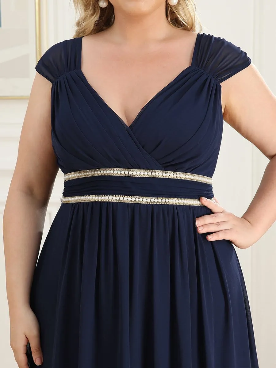 Plus Size V-Neck Sleeveless Beaded Belt Chiffon A-Line Evening Dress