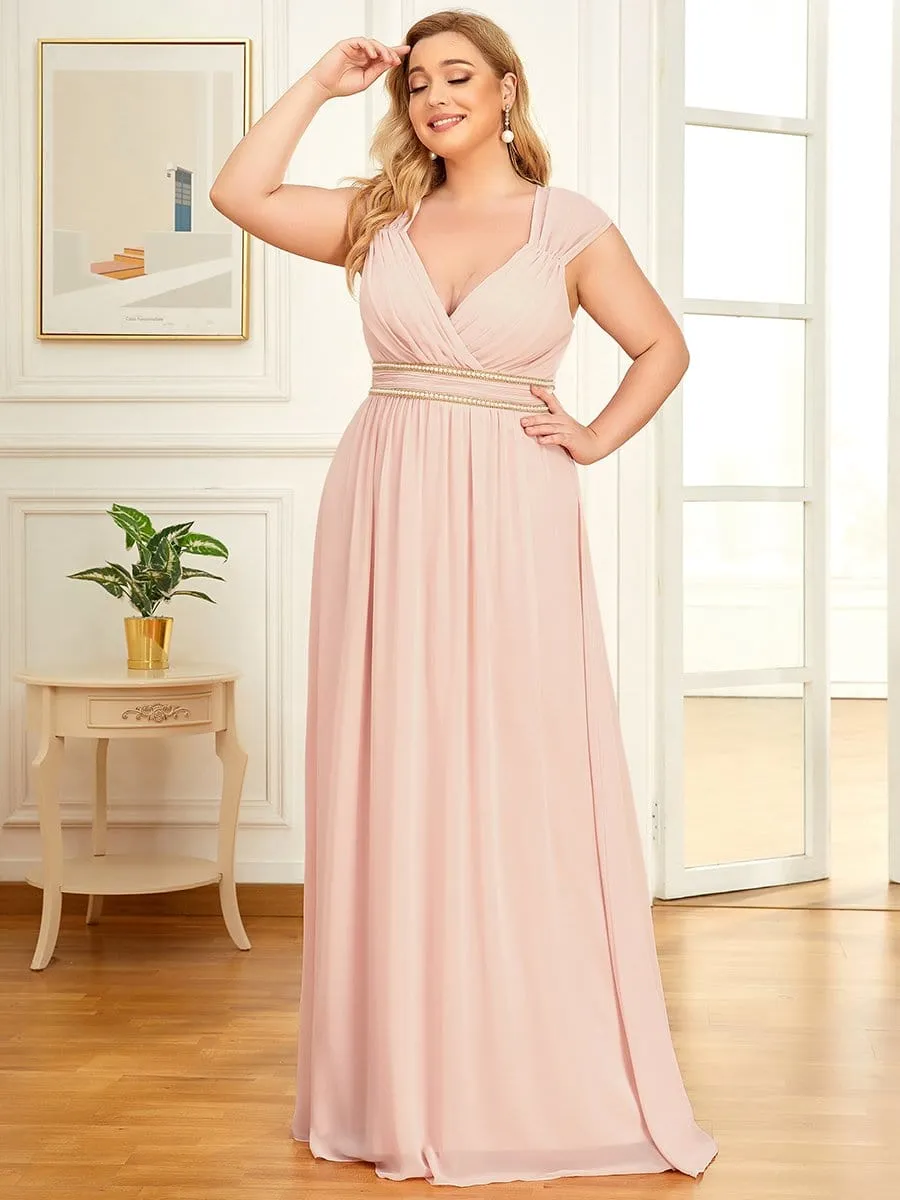 Plus Size V-Neck Sleeveless Beaded Belt Chiffon A-Line Evening Dress