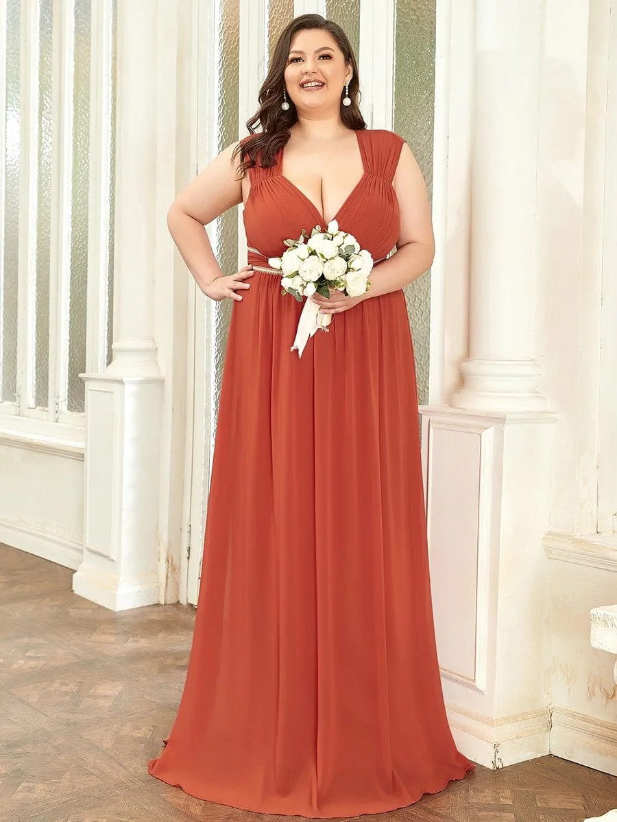 Plus Size V-Neck Sleeveless Beaded Belt Chiffon A-Line Evening Dress