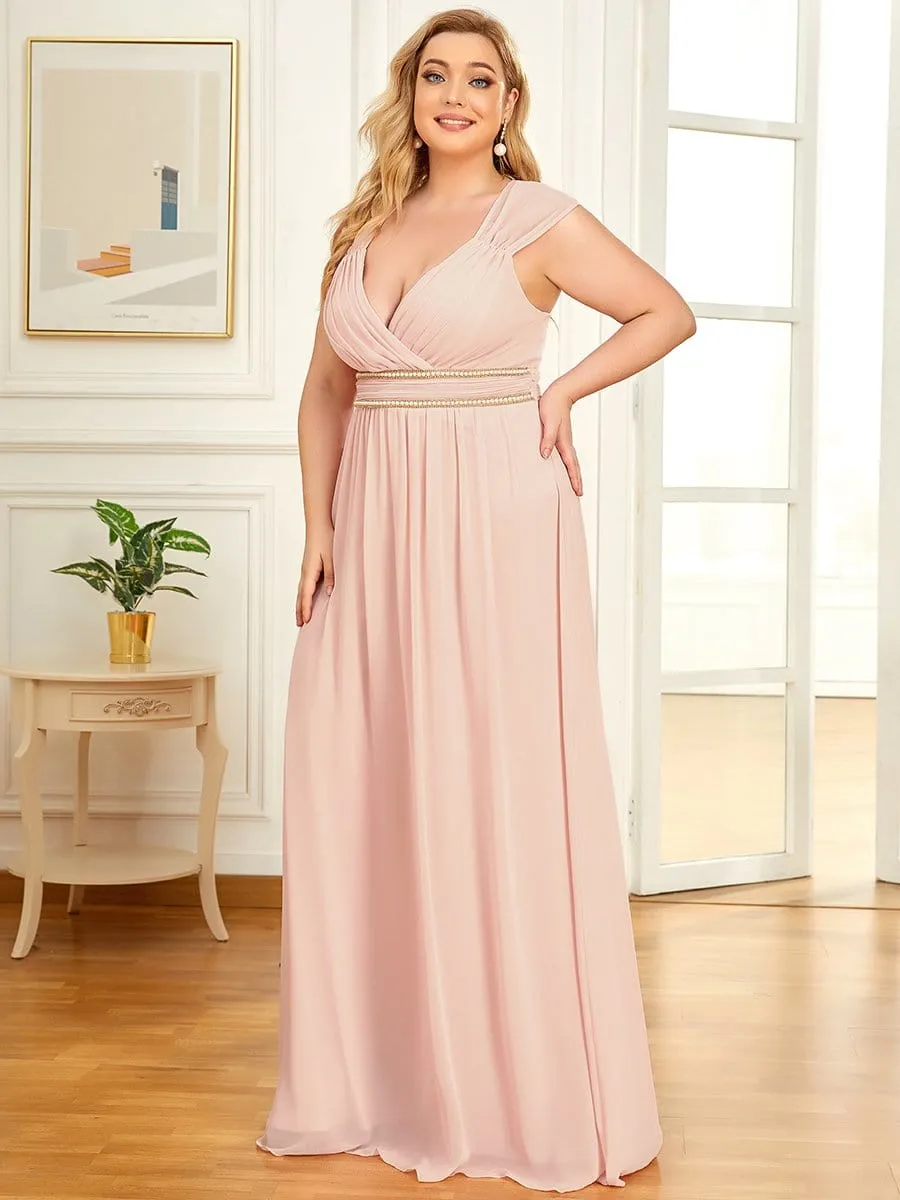 Plus Size V-Neck Sleeveless Beaded Belt Chiffon A-Line Evening Dress