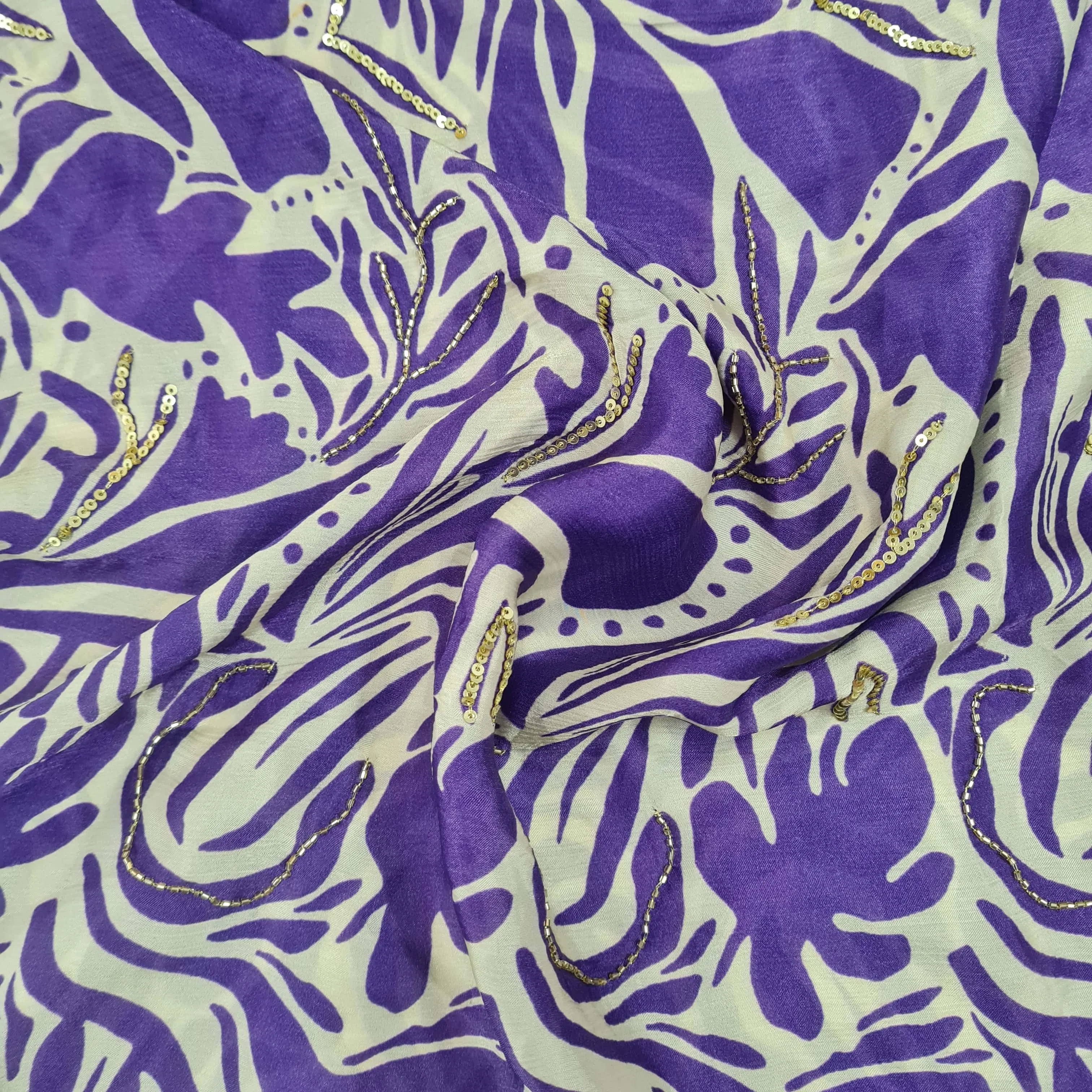 Premium Purple abstract Sequins Hand Embroidery Satin Chiffon