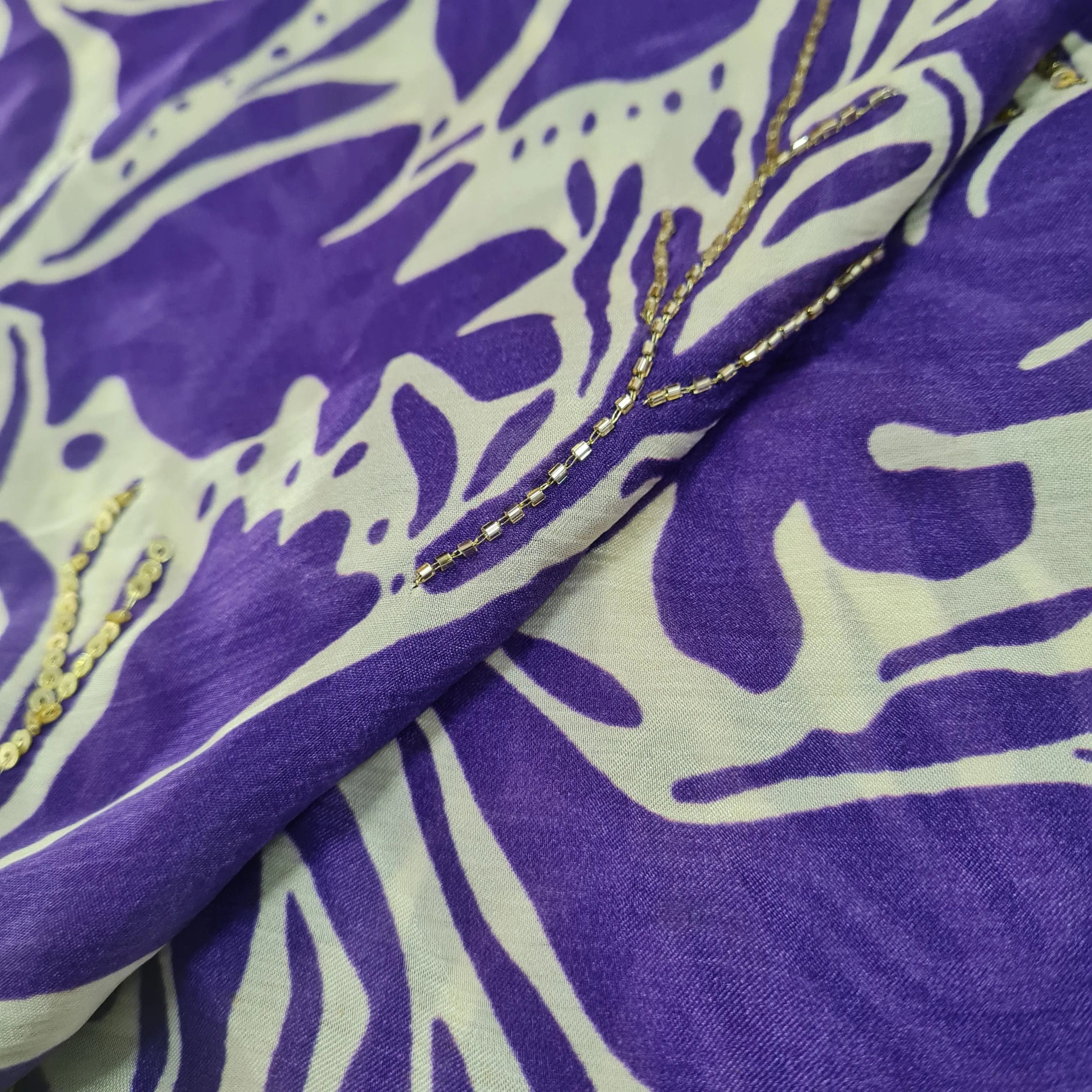 Premium Purple abstract Sequins Hand Embroidery Satin Chiffon