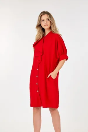 Puff Sleeve Dress With Frill Detail - Ships from The US