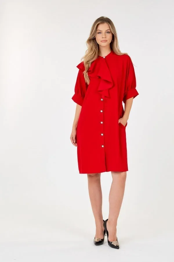 Puff Sleeve Dress With Frill Detail - Ships from The US