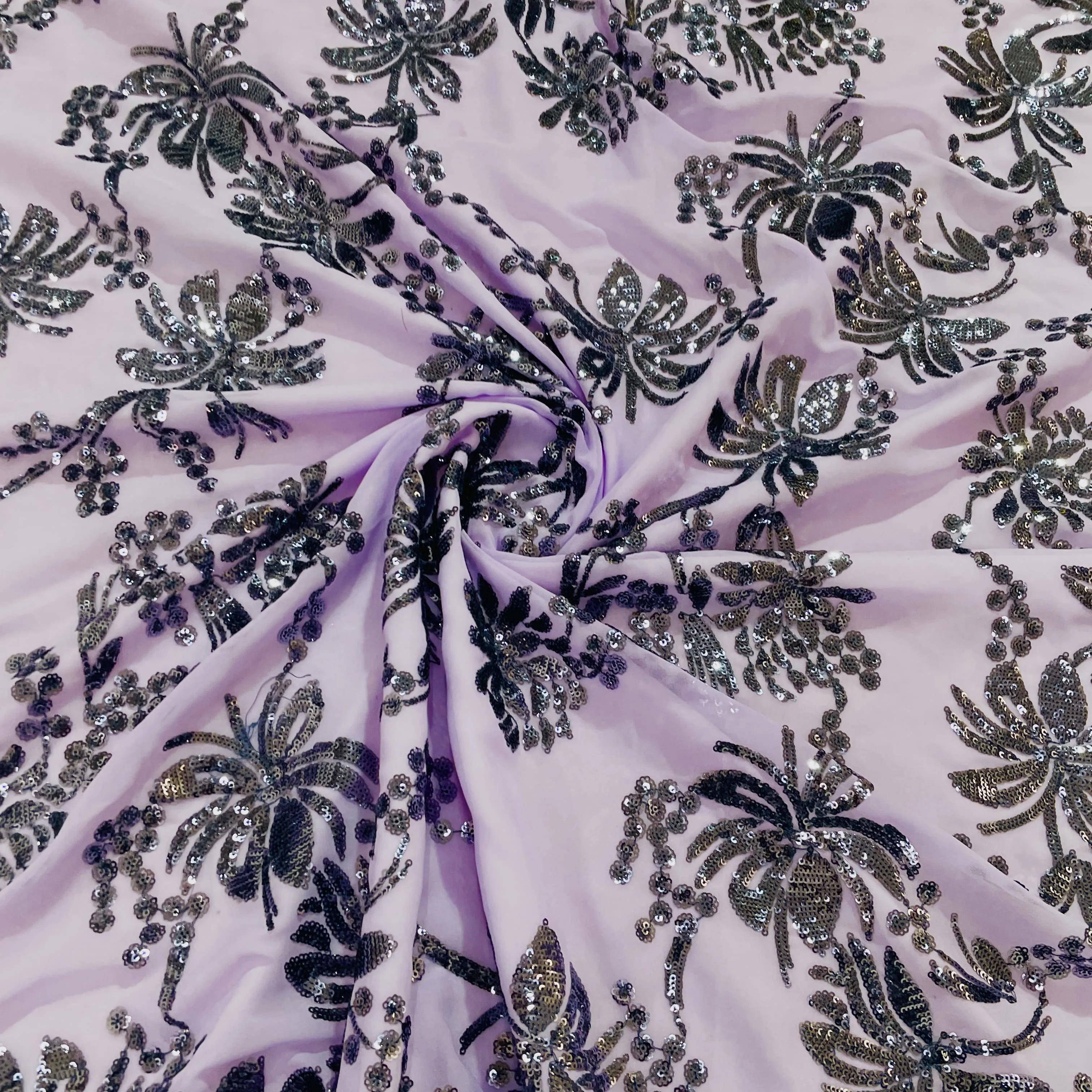 Purple & Black Floral Sequins Embroidery Georgette Fabric