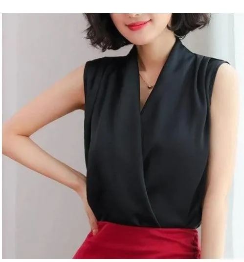 Real Shot Summer New Style Korean V-neck Satin Sleeveless Chiffon Vest Blouse Blouse Summer Dress