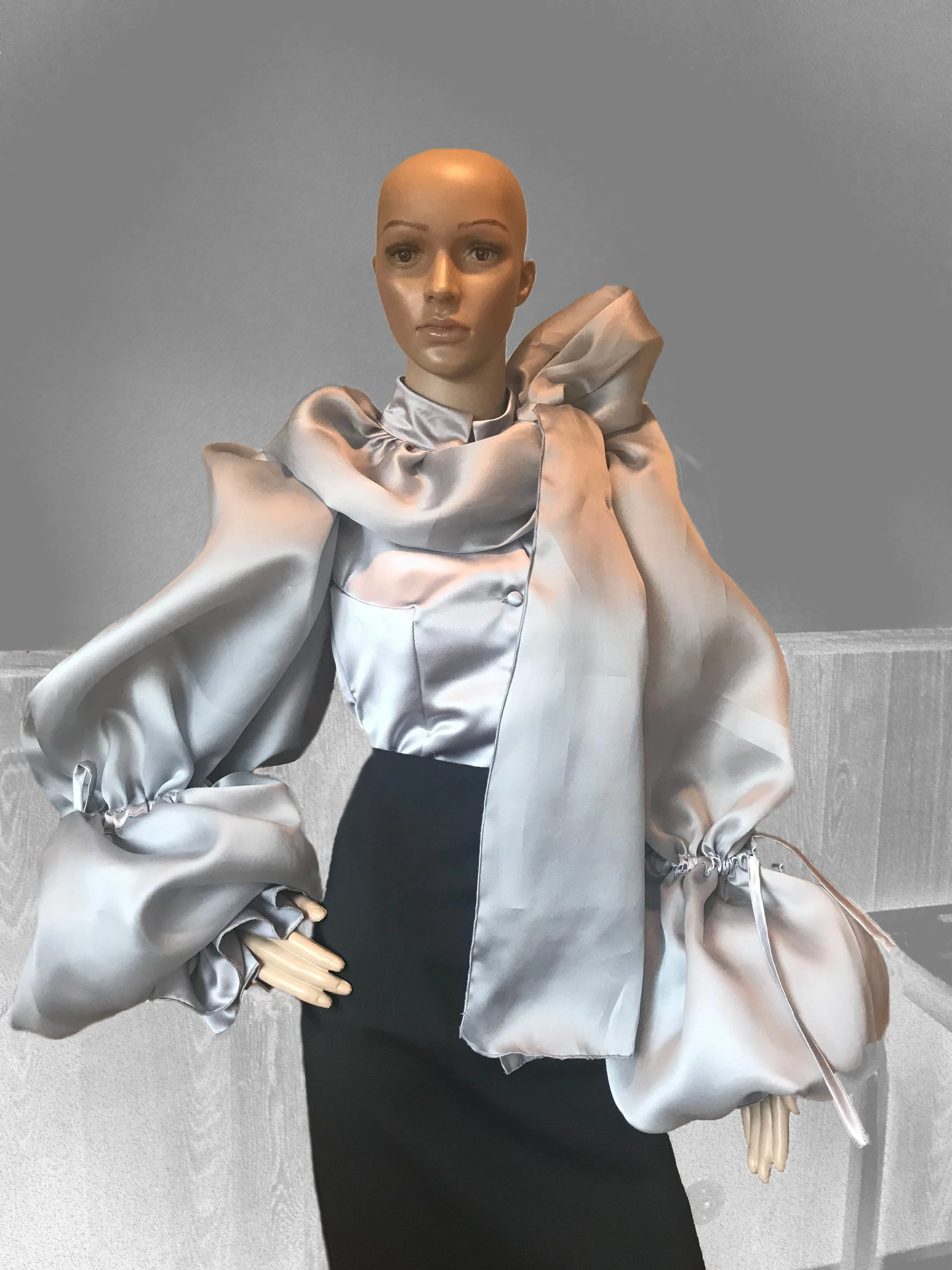 Ruffle Pussybow Satin&Silk Organza Blouse