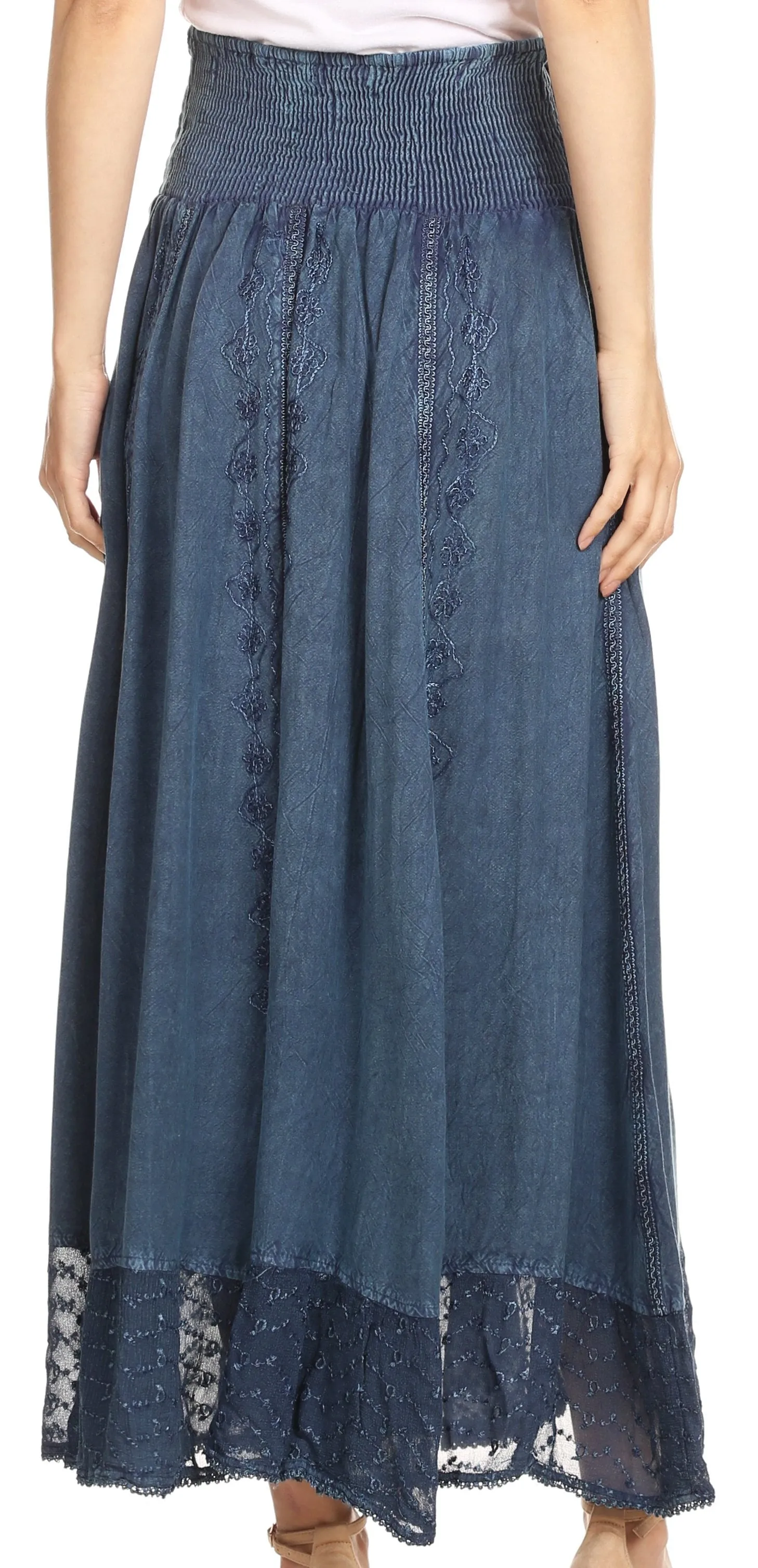 Sakkas Ines Womens Gypsy Maxi Bohemian Long Skirt With Elastic Smock Waist & Lace