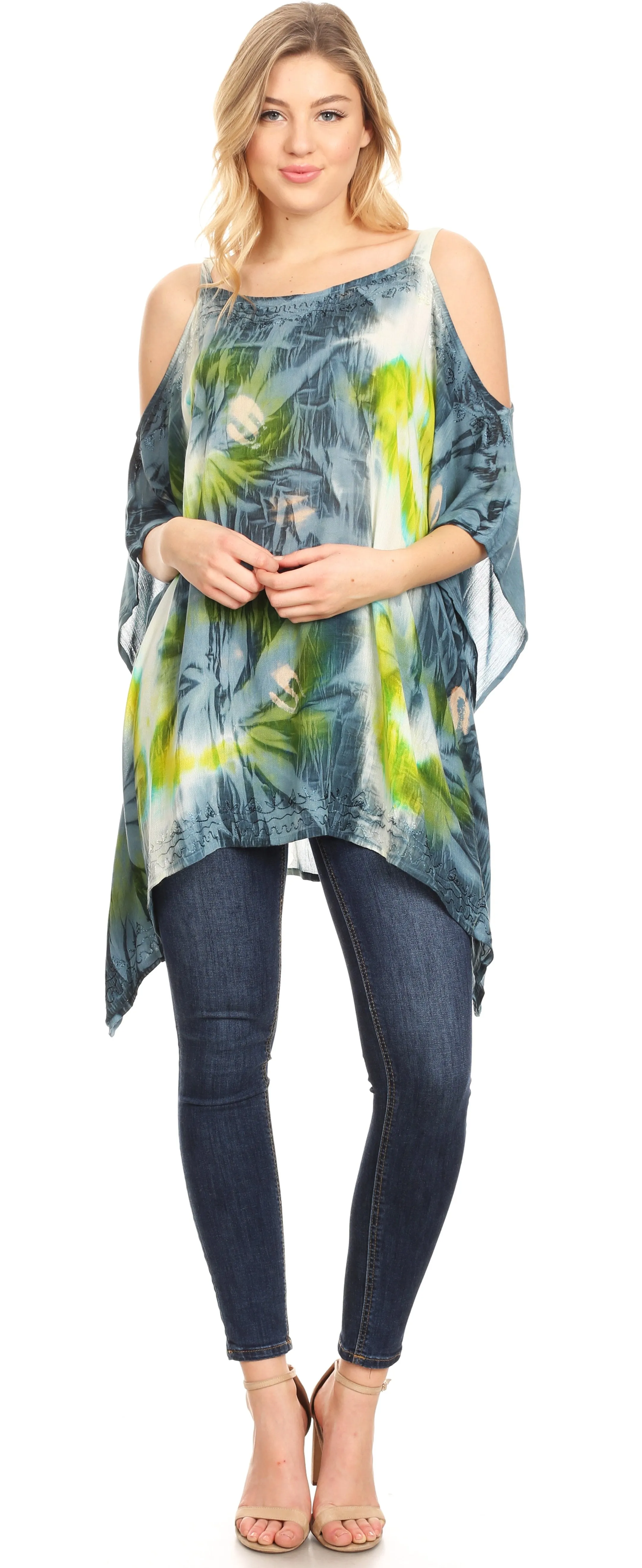 Sakkas Lucia Women's Tie Dye Embroidered Cold Shoulder Loose Tunic Blouse Top Tank