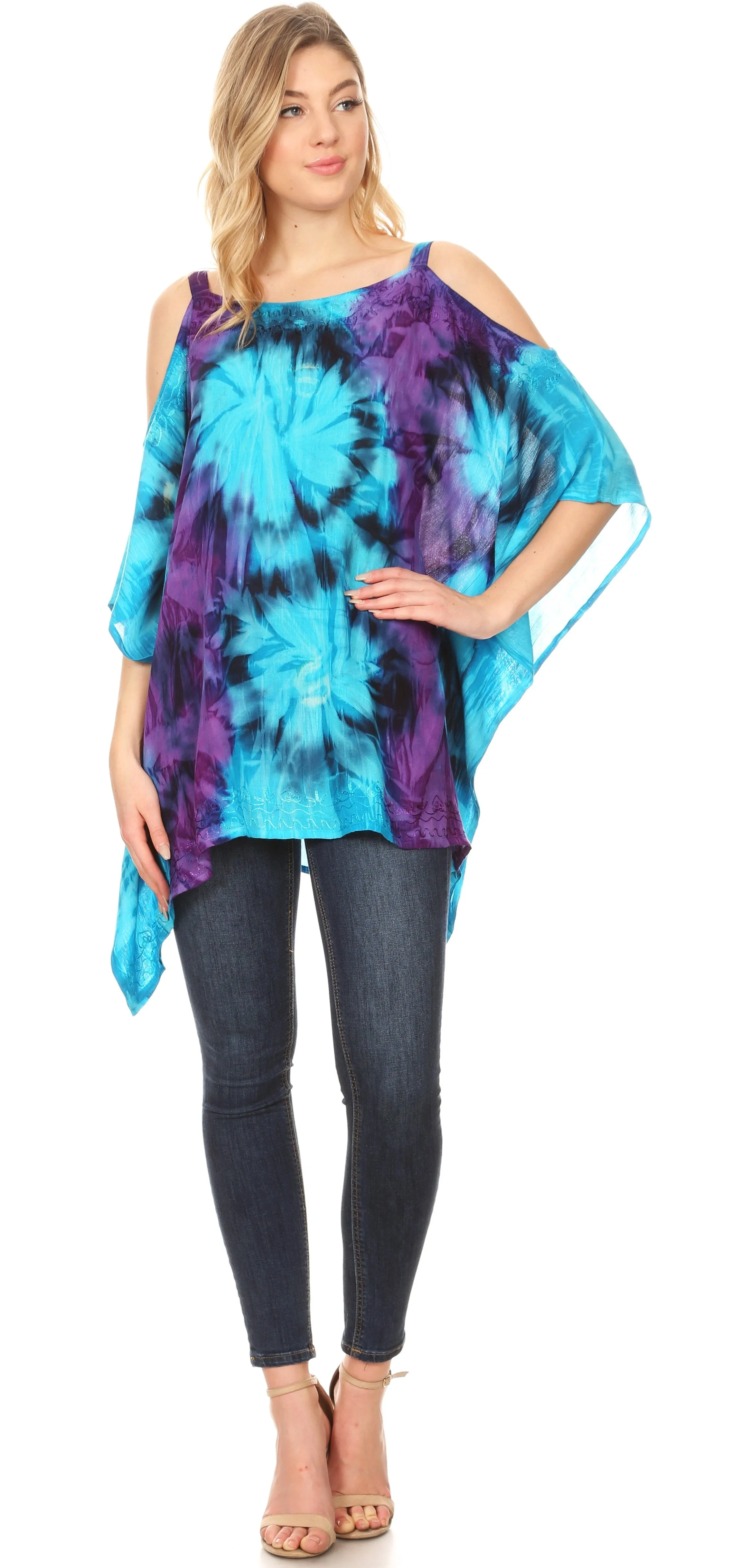 Sakkas Lucia Women's Tie Dye Embroidered Cold Shoulder Loose Tunic Blouse Top Tank