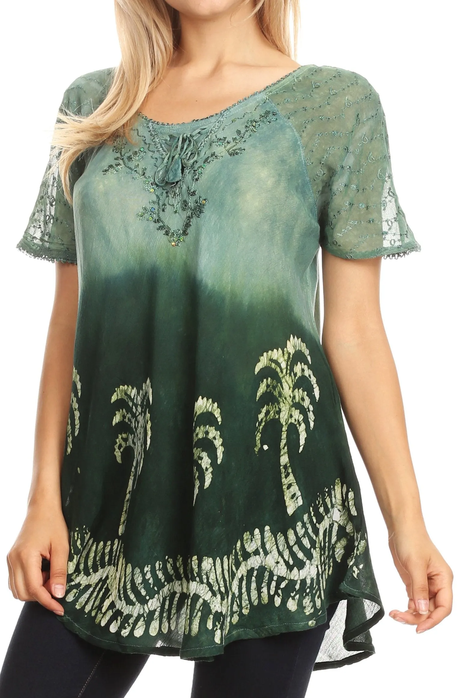 Sakkas Magda Womens Short Sleeve Flare Bohemian Blouse Top Lace Batik Printed