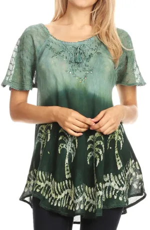 Sakkas Magda Womens Short Sleeve Flare Bohemian Blouse Top Lace Batik Printed