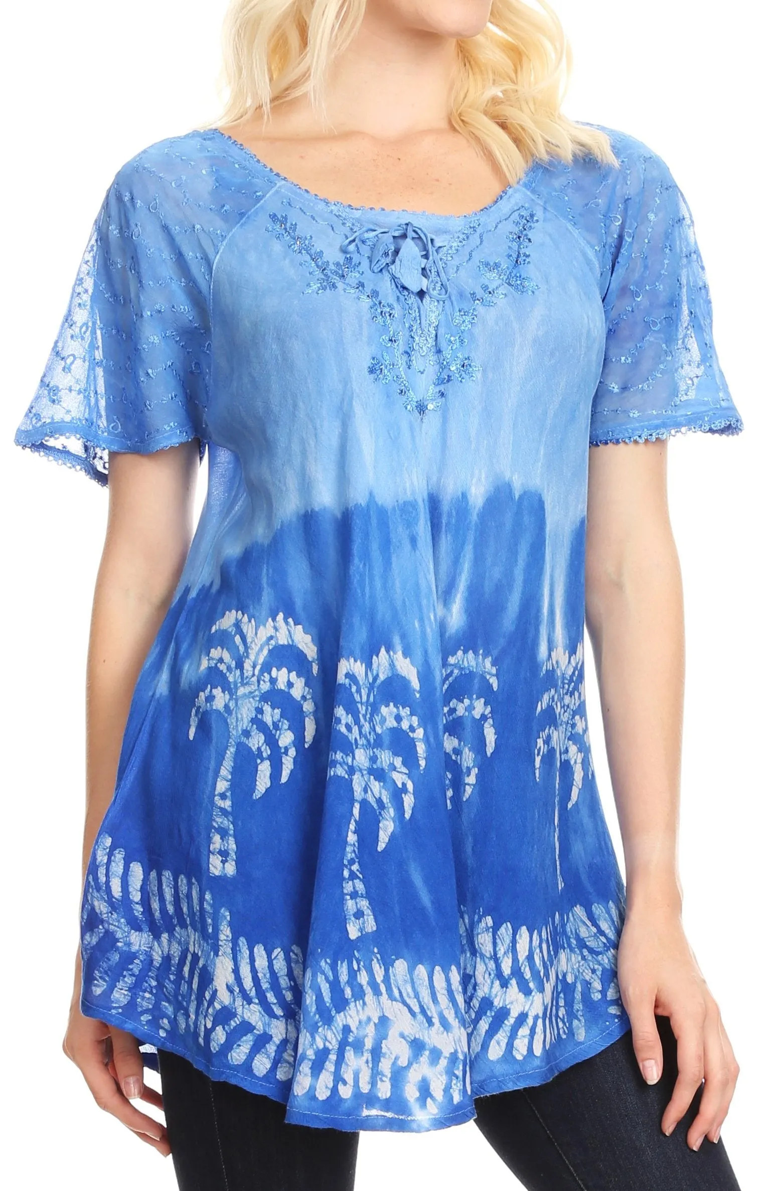 Sakkas Magda Womens Short Sleeve Flare Bohemian Blouse Top Lace Batik Printed