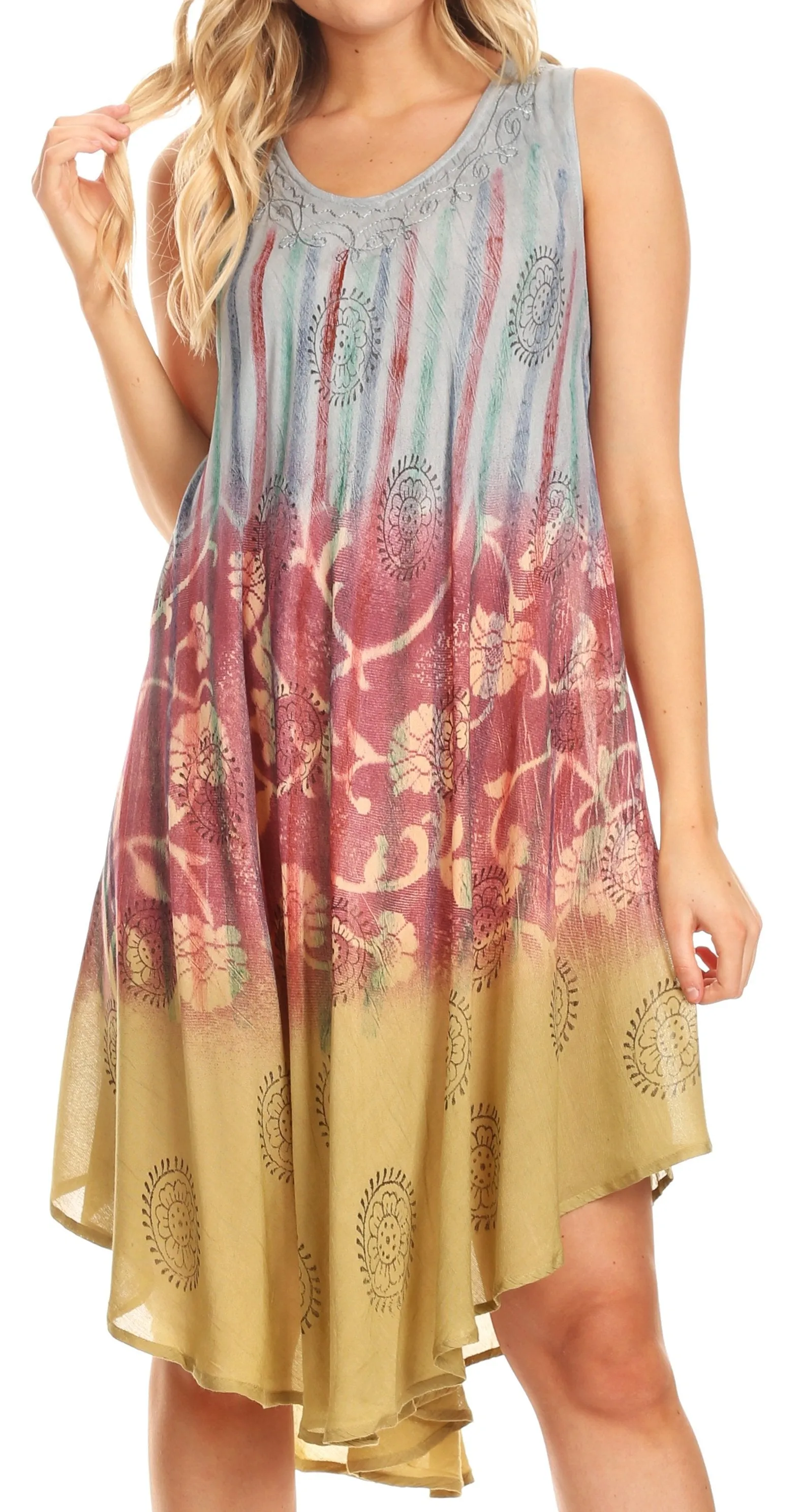 Sakkas Marina Dip Dyed Floral Batik Short Sleeve Dress / Cover Up