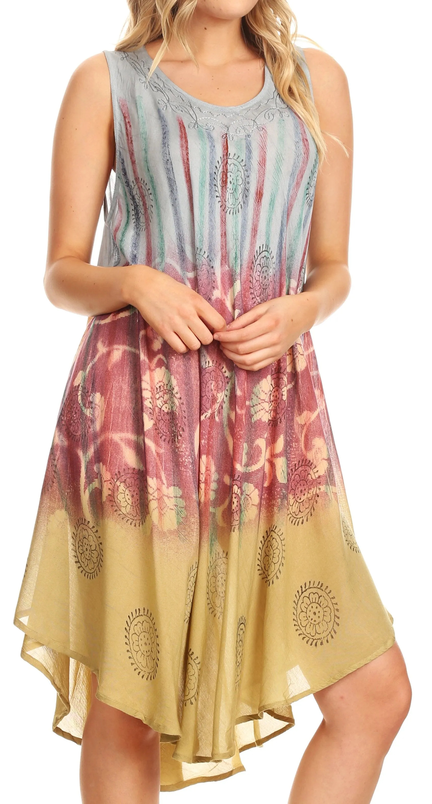 Sakkas Marina Dip Dyed Floral Batik Short Sleeve Dress / Cover Up