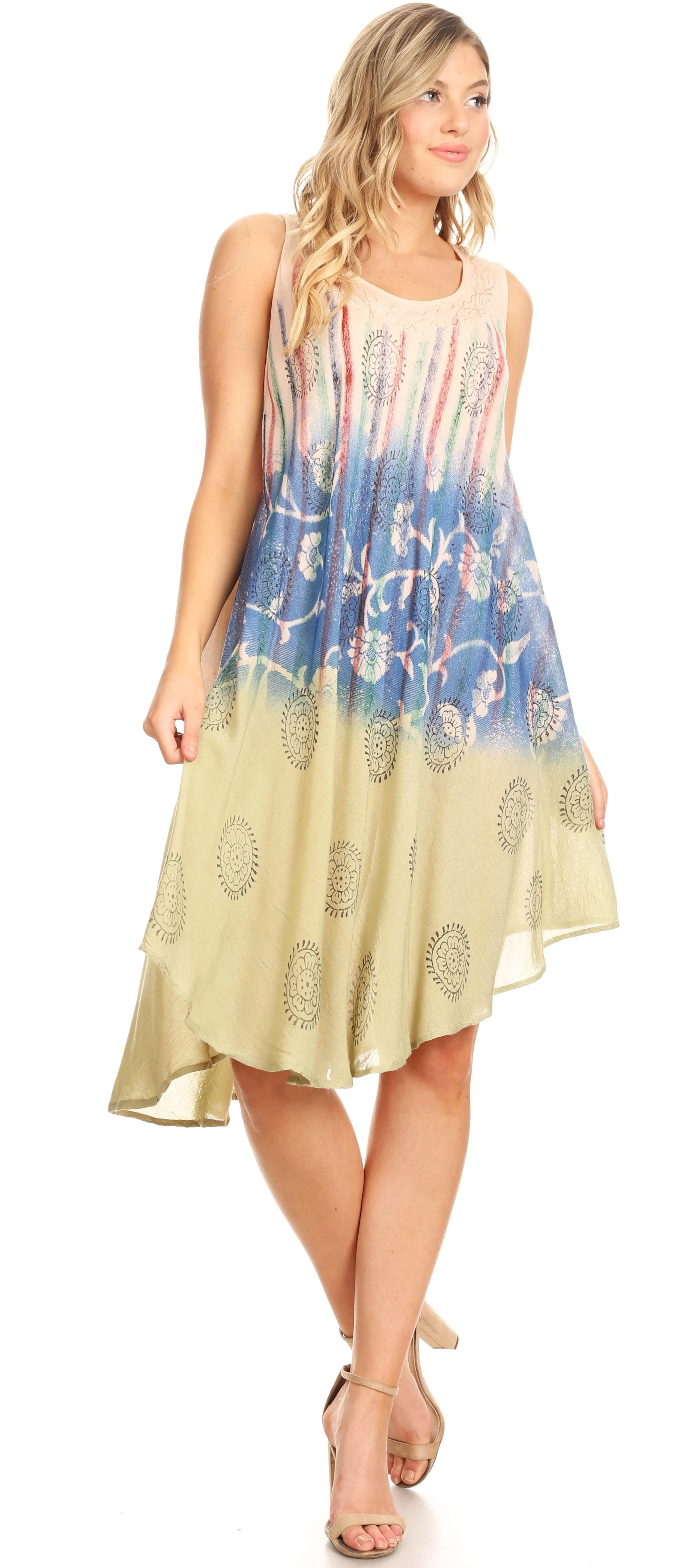 Sakkas Marina Dip Dyed Floral Batik Short Sleeve Dress / Cover Up