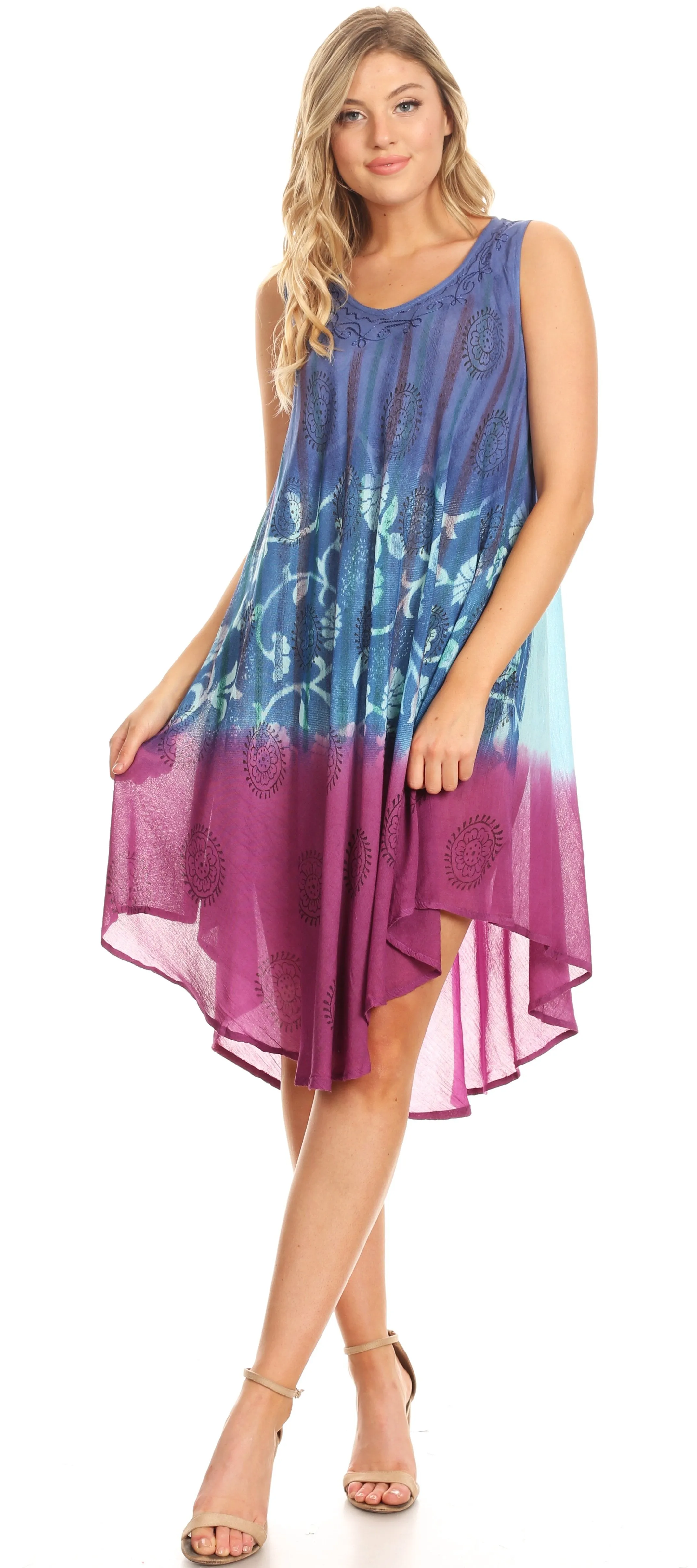 Sakkas Marina Dip Dyed Floral Batik Short Sleeve Dress / Cover Up