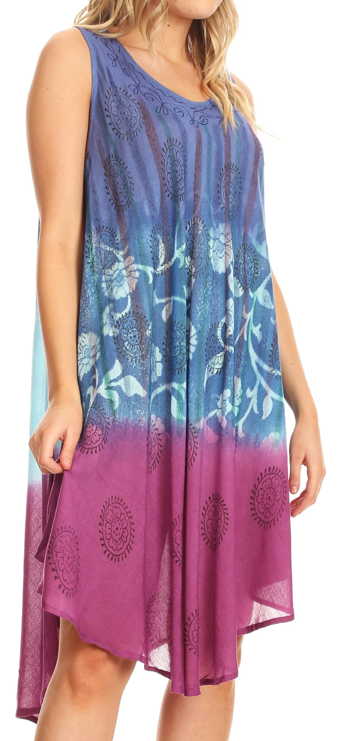 Sakkas Marina Dip Dyed Floral Batik Short Sleeve Dress / Cover Up