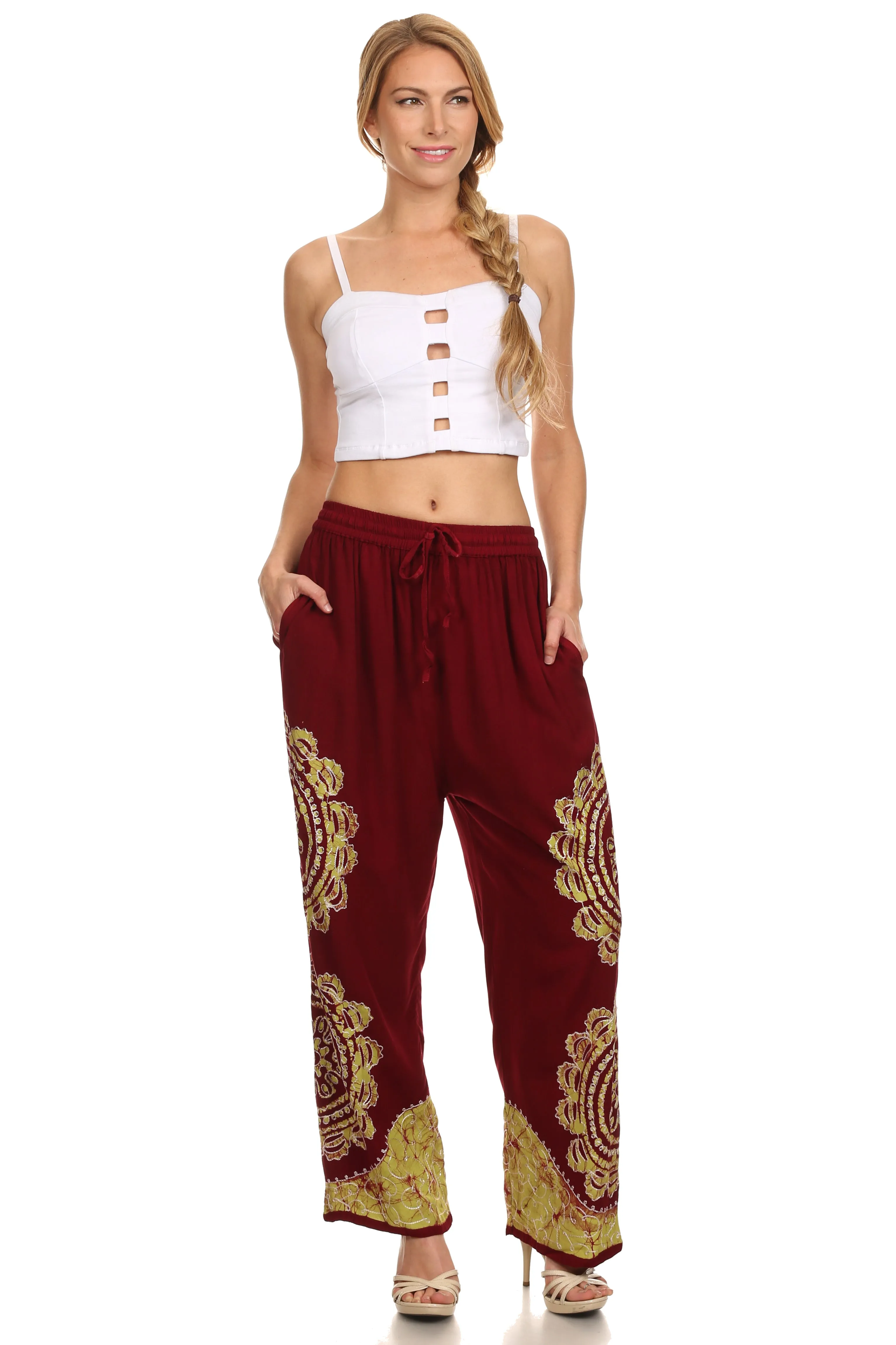 Sakkas Mase Floral Embroidered Adjustable Wide Leg Palazzo Pant