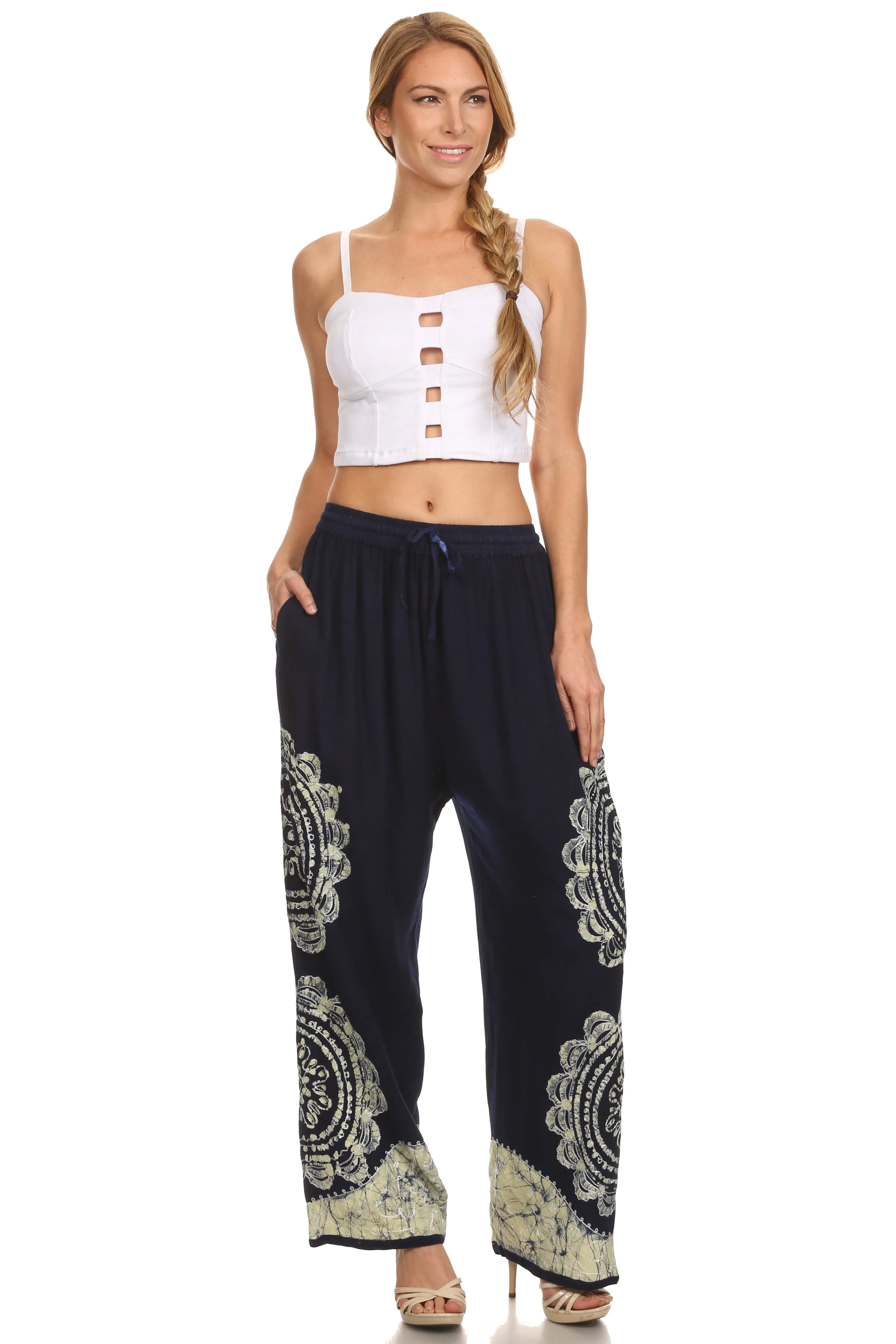 Sakkas Mase Floral Embroidered Adjustable Wide Leg Palazzo Pant