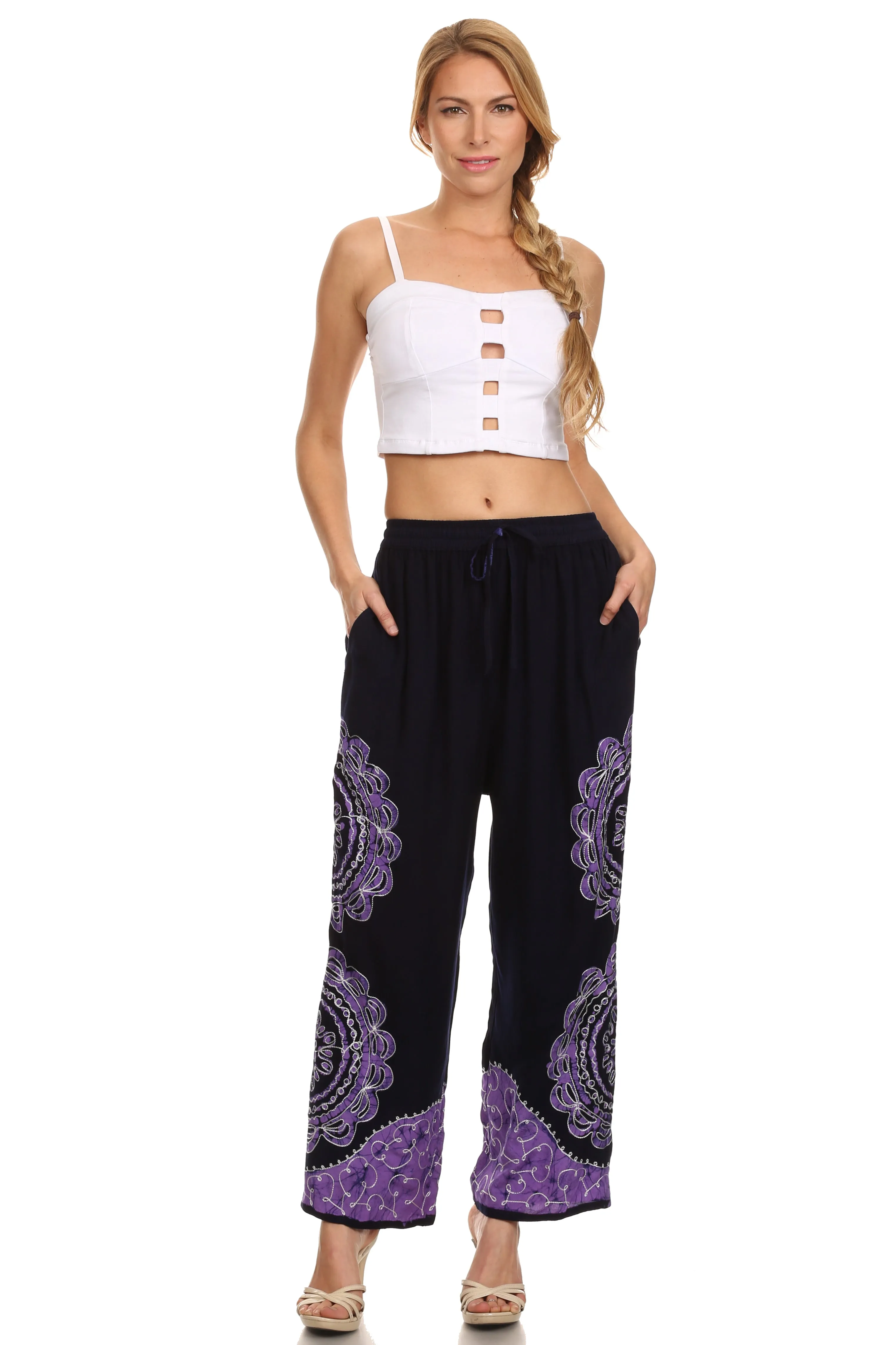 Sakkas Mase Floral Embroidered Adjustable Wide Leg Palazzo Pant