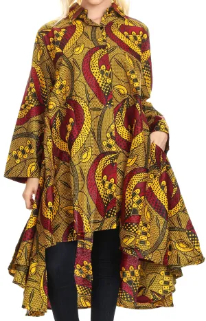 Sakkas Sol Womens Summer Swing Loose Dress African Print Roll up Sleeve Button