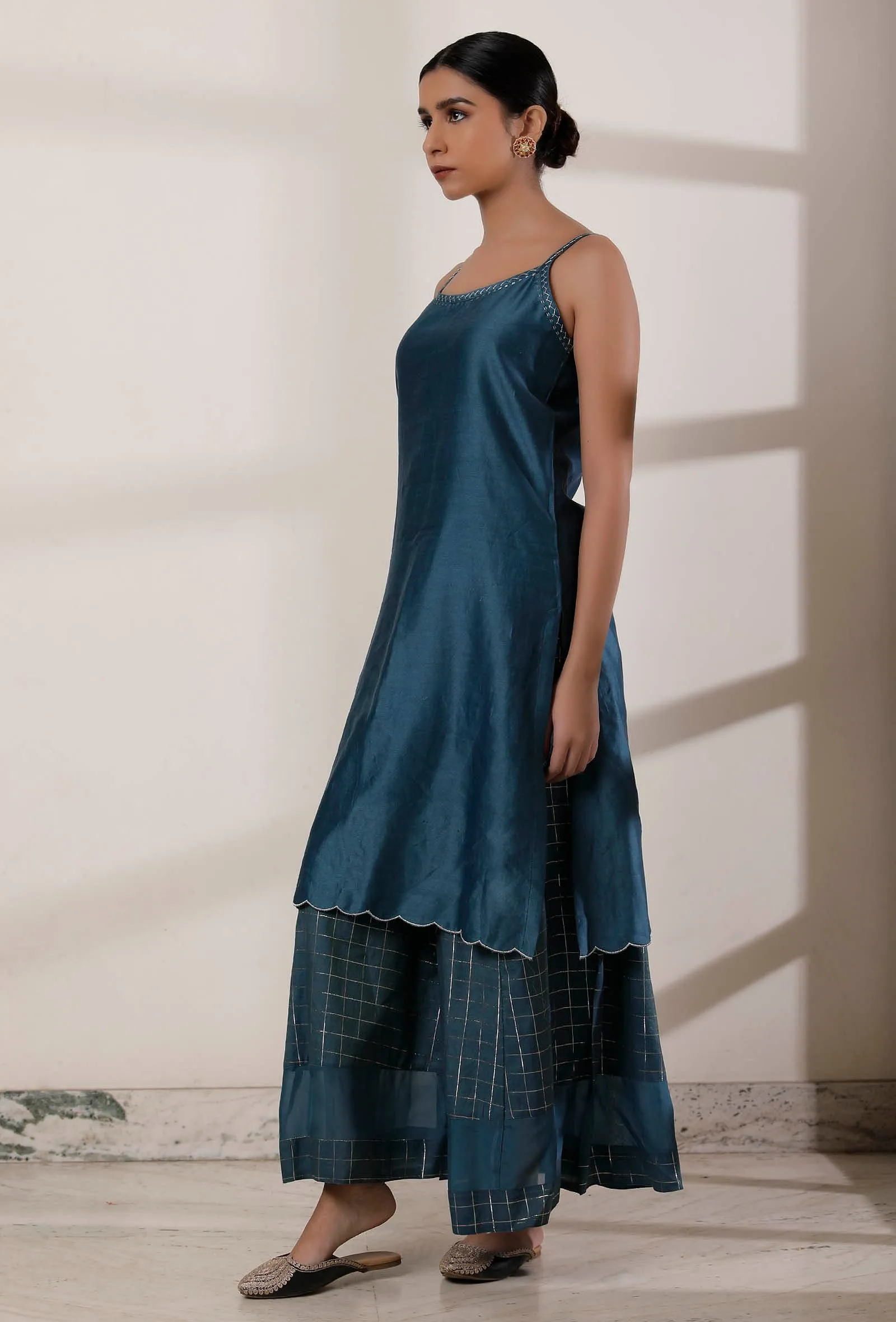 Set of 2: Teal Blue Slip and Chanderi Palazzo