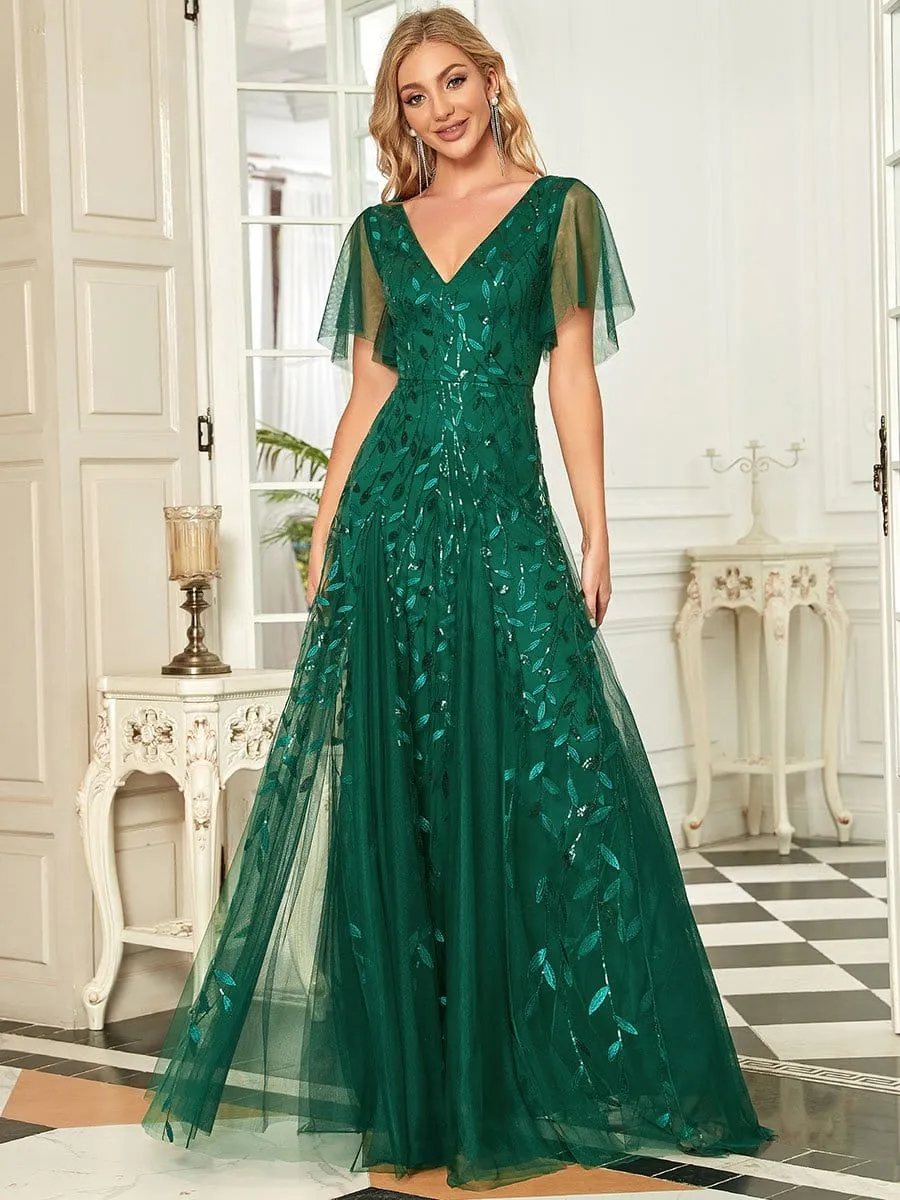 Shimmery V Neck Ruffle Sleeves Sequin Maxi Long Evening Gowns