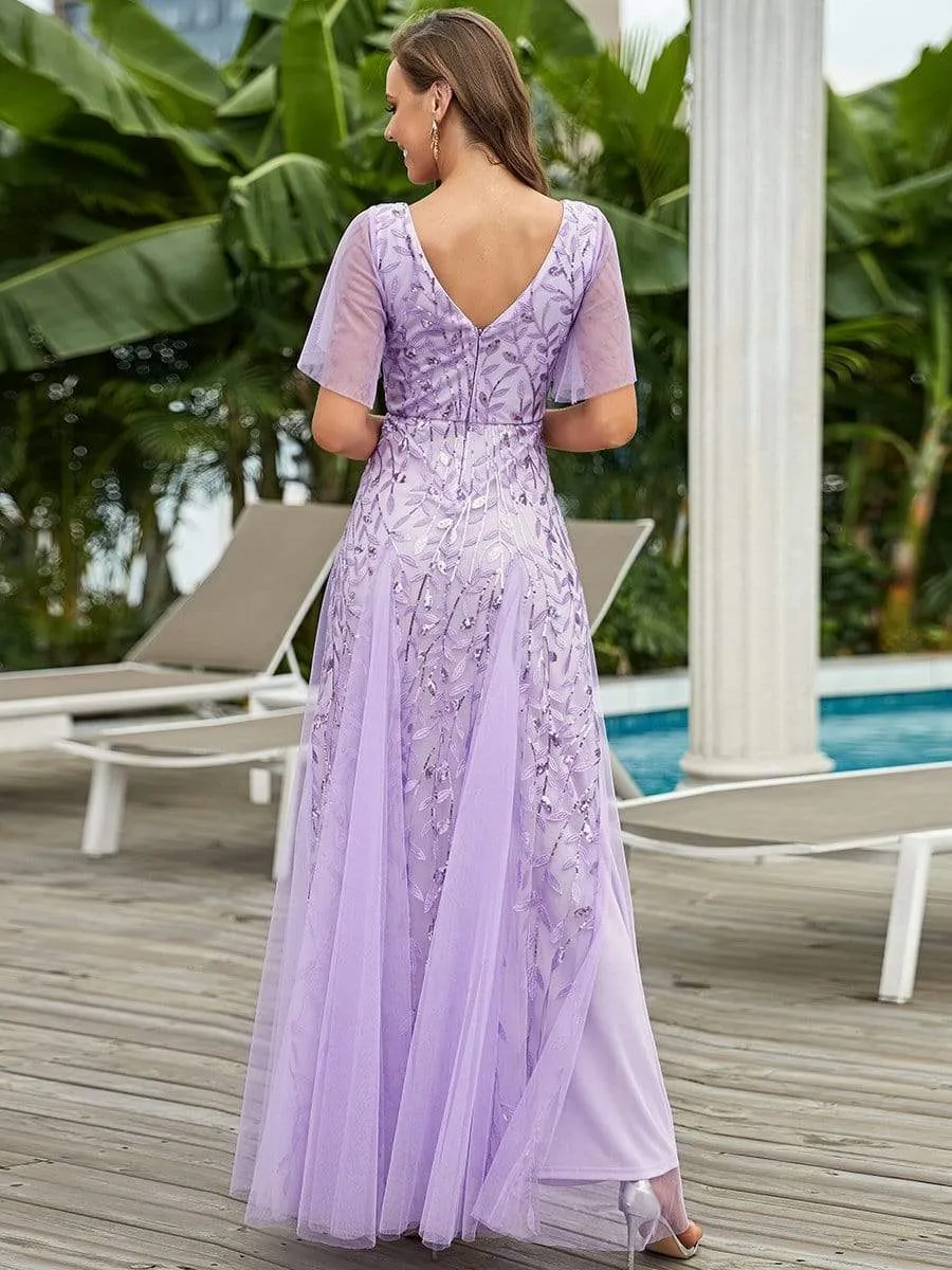 Shimmery V Neck Ruffle Sleeves Sequin Maxi Long Evening Gowns