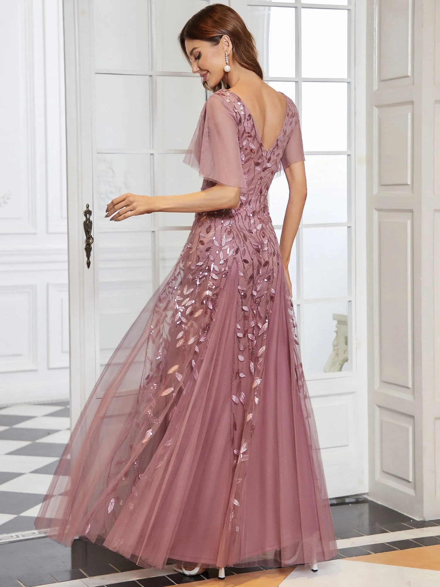 Shimmery V Neck Ruffle Sleeves Sequin Maxi Long Evening Gowns