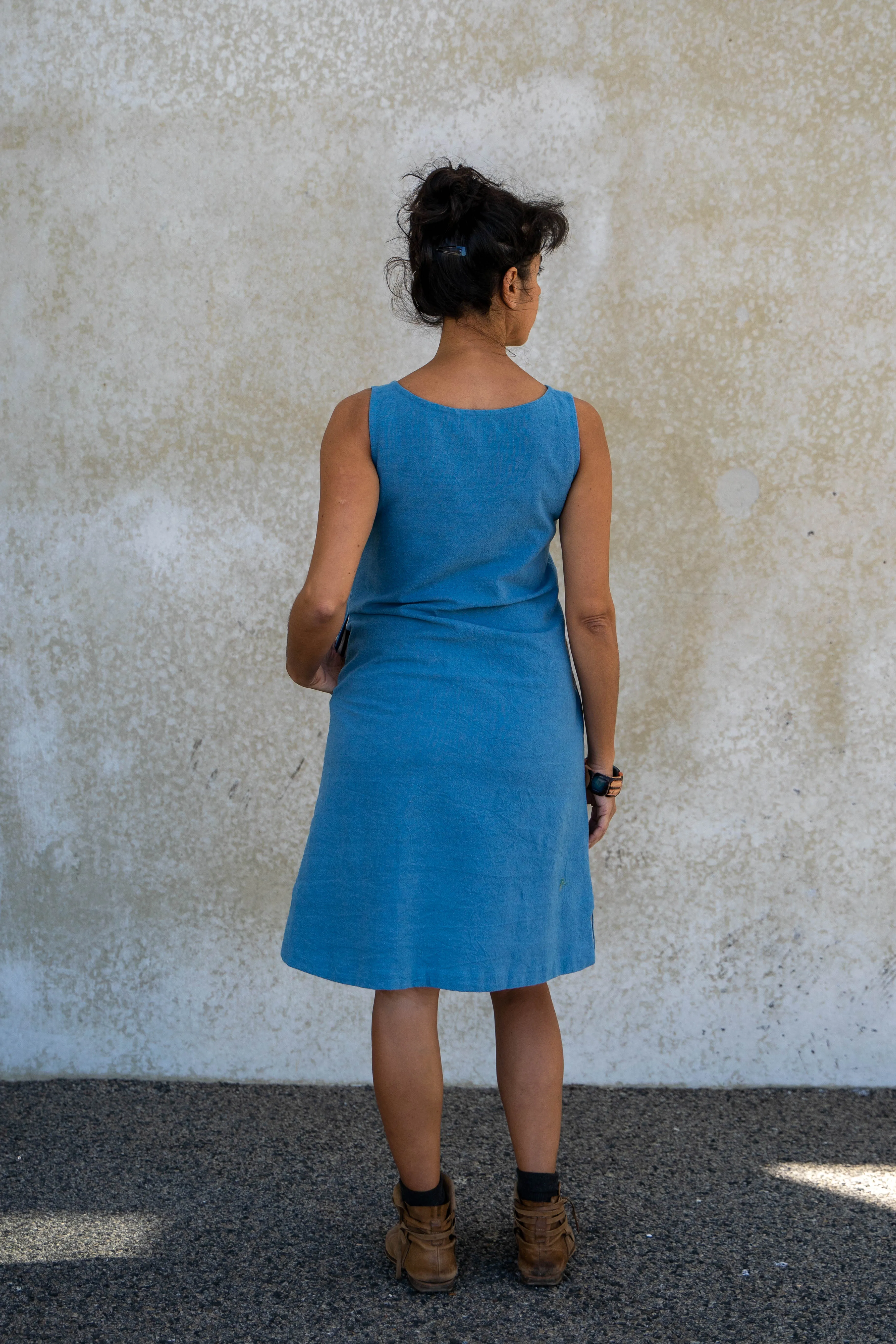 Sleeveless Shift Dress | Ship Print on Indigo