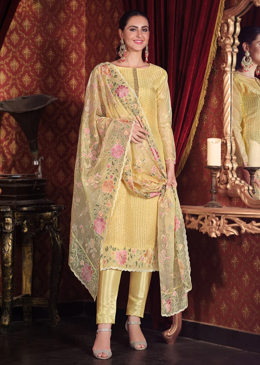 Soft Organza Silk Yellow Embroidered Pant Style Suit