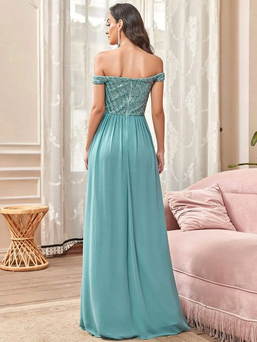 Striped Sequin Sweetheart Floor-Length Evening Dress