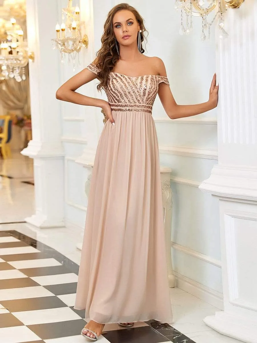 Striped Sequin Sweetheart Floor-Length Evening Dress