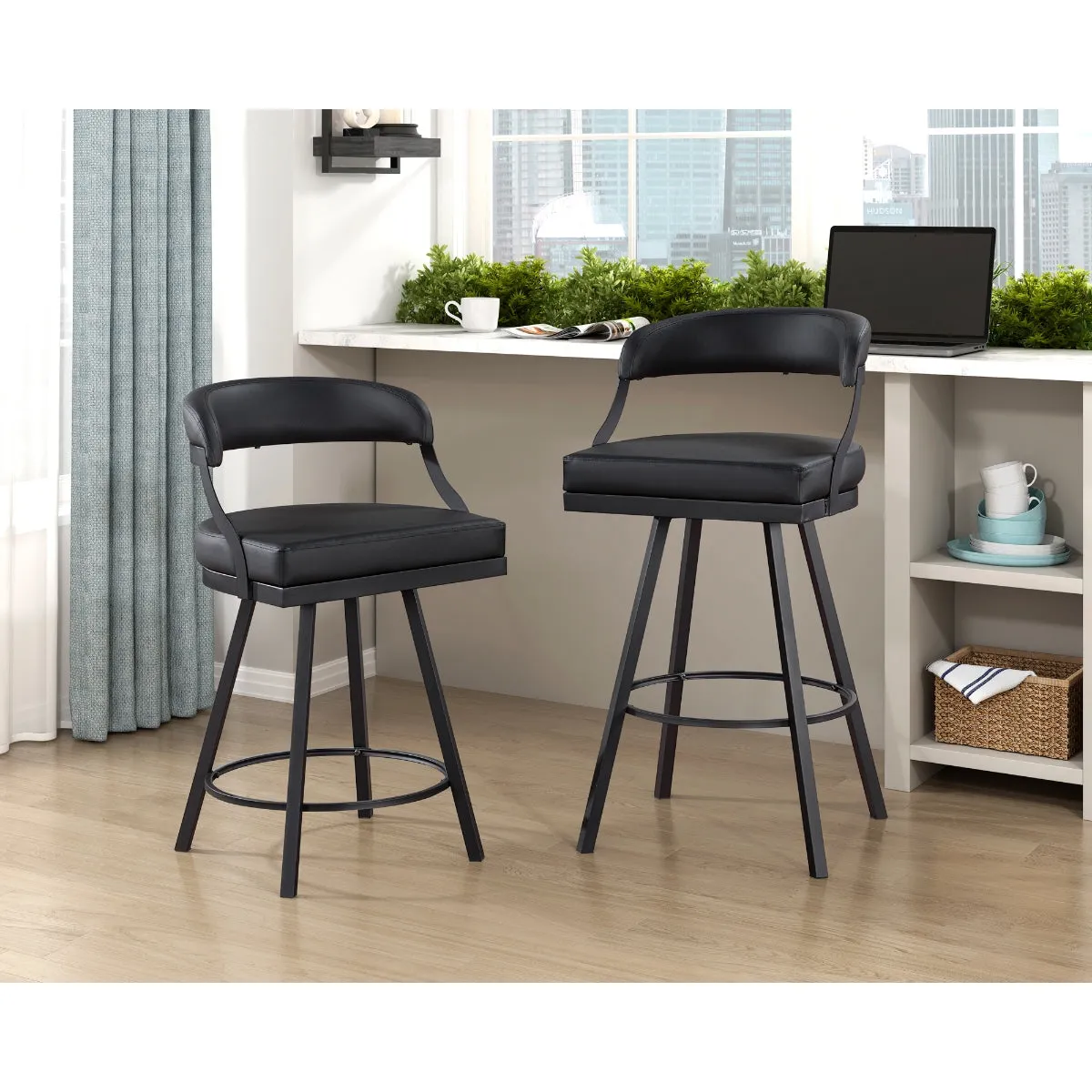 Swiveling Black Counter Height Chair - Modern Industrial Design - Set of 2