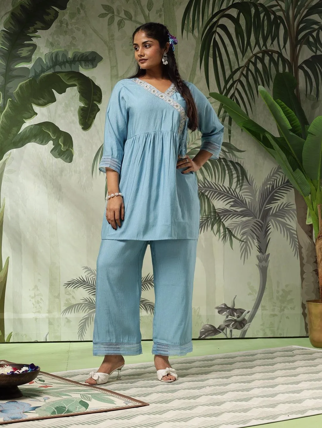 Tara Plus Size Blue Muslin Embroidered Angrakha Co-Ord Set