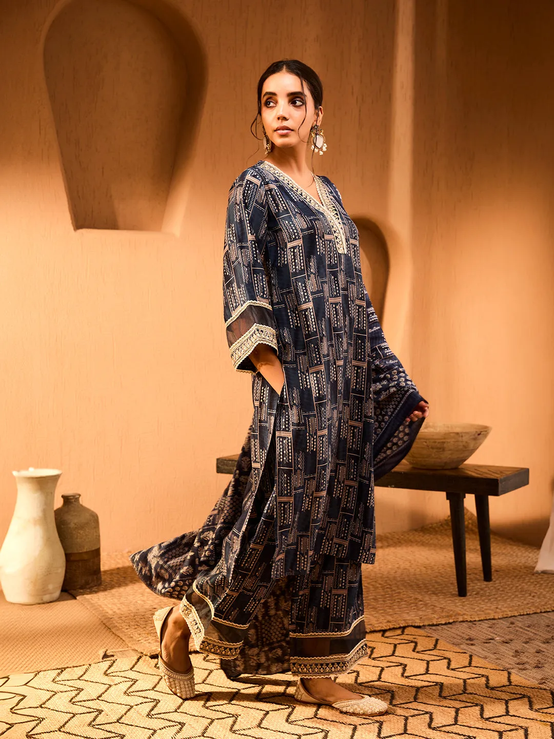 Timeless Indigo Charm Geometric Modal Chanderi Kurta Set