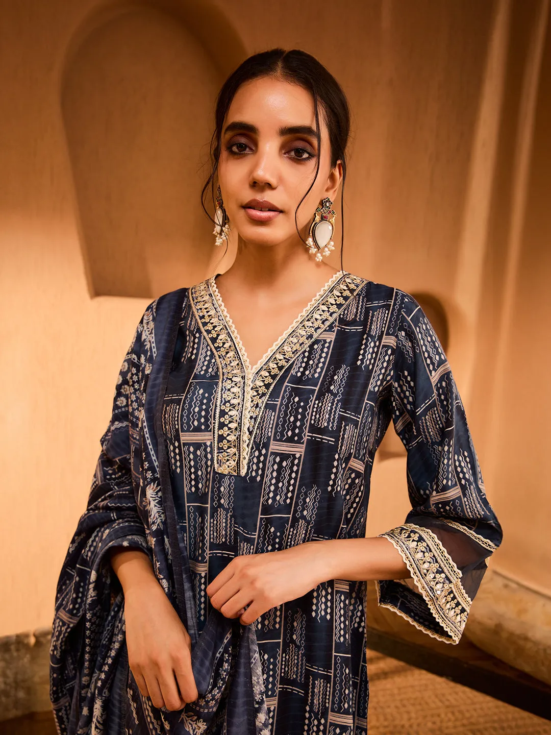 Timeless Indigo Charm Geometric Modal Chanderi Kurta Set