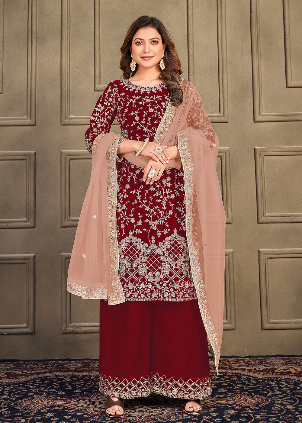 Traditional Party Wear Bright Red Velvet Palazzo Salwar Kurta